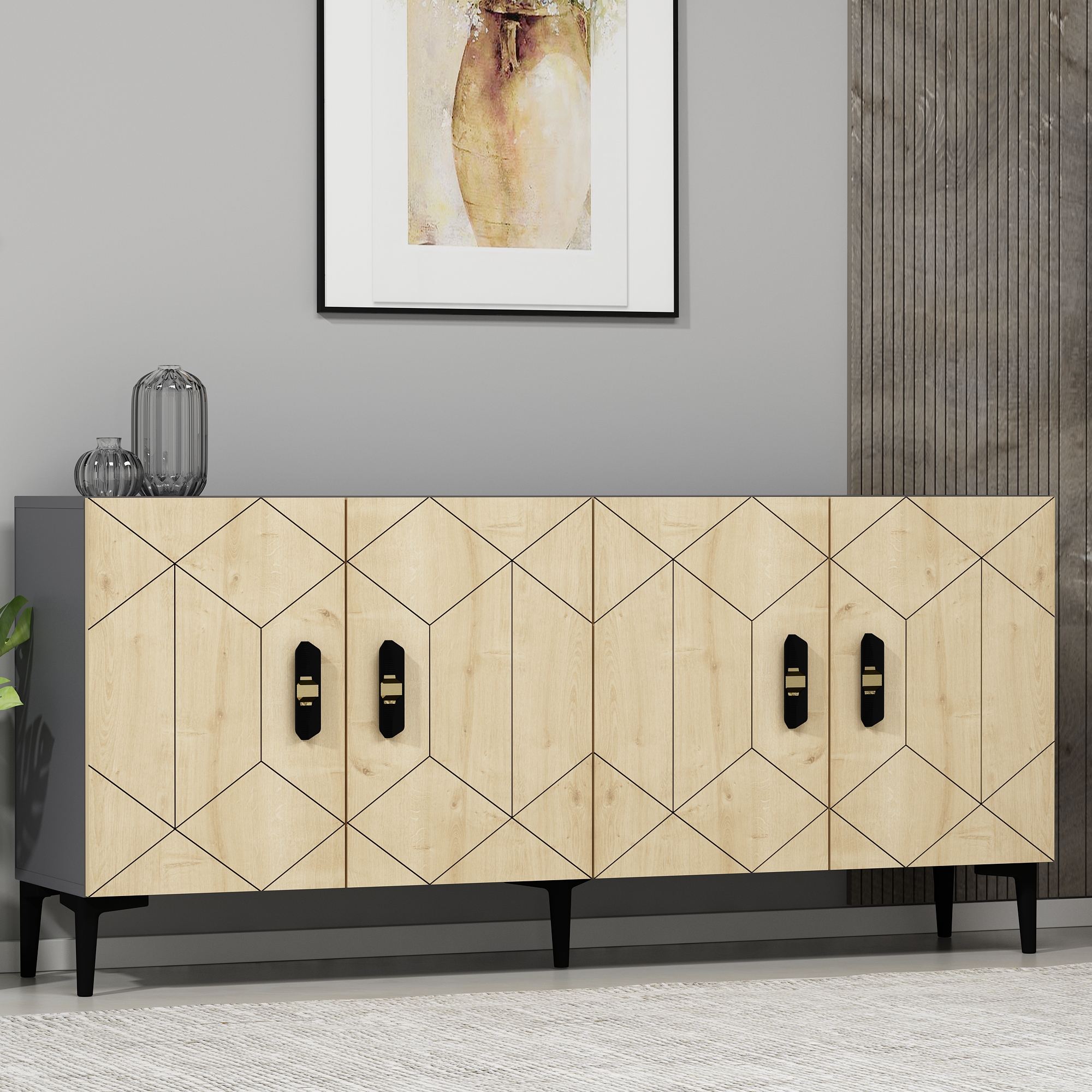 Aparador – 150 cm x 75 cm x 35 cm – Antracite e Carvalho Safira – 100% Painel de Partículas