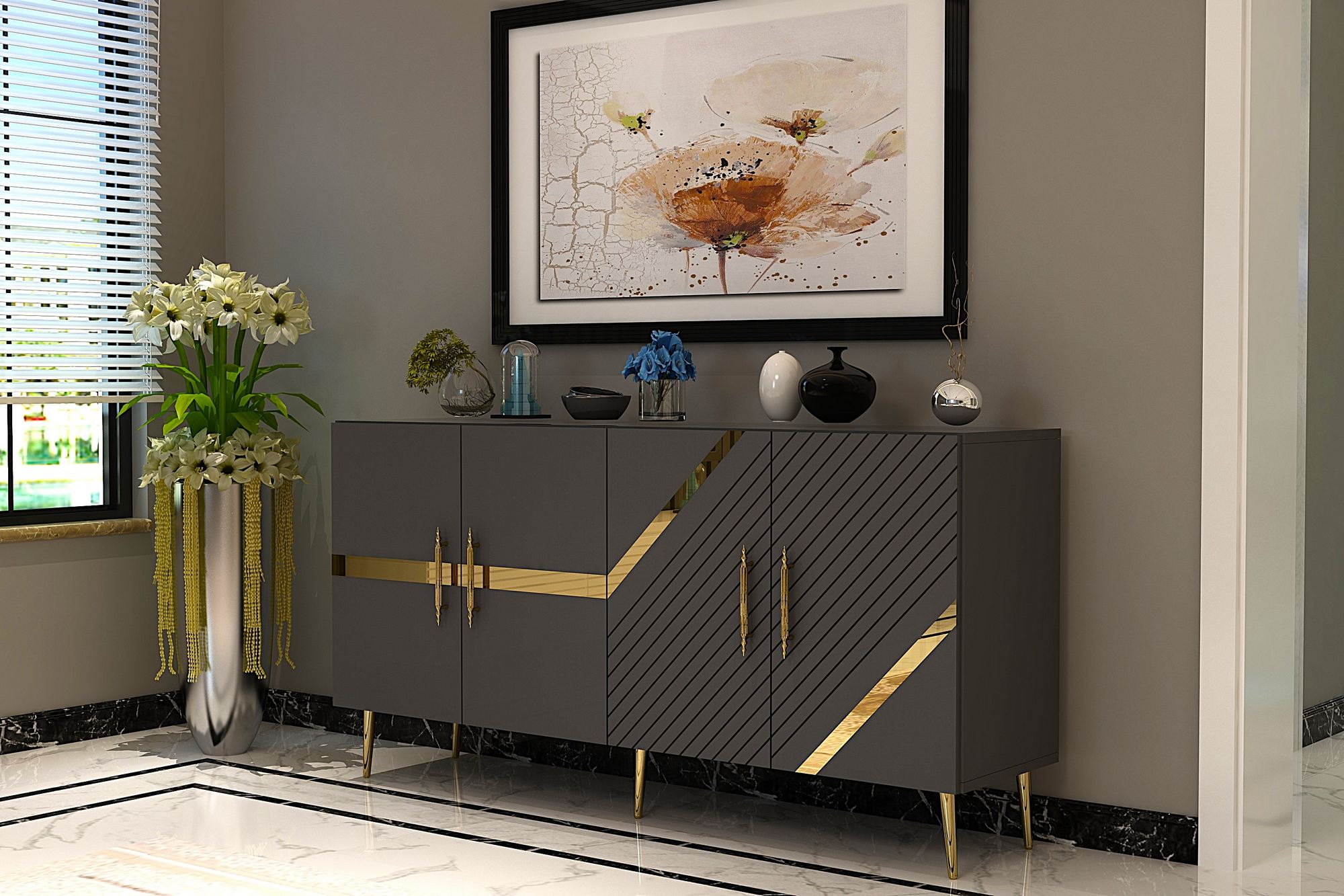 Aparador - 150 cm - Antracite e Dourado - Painéis de Partículas Revestidos a Melamina