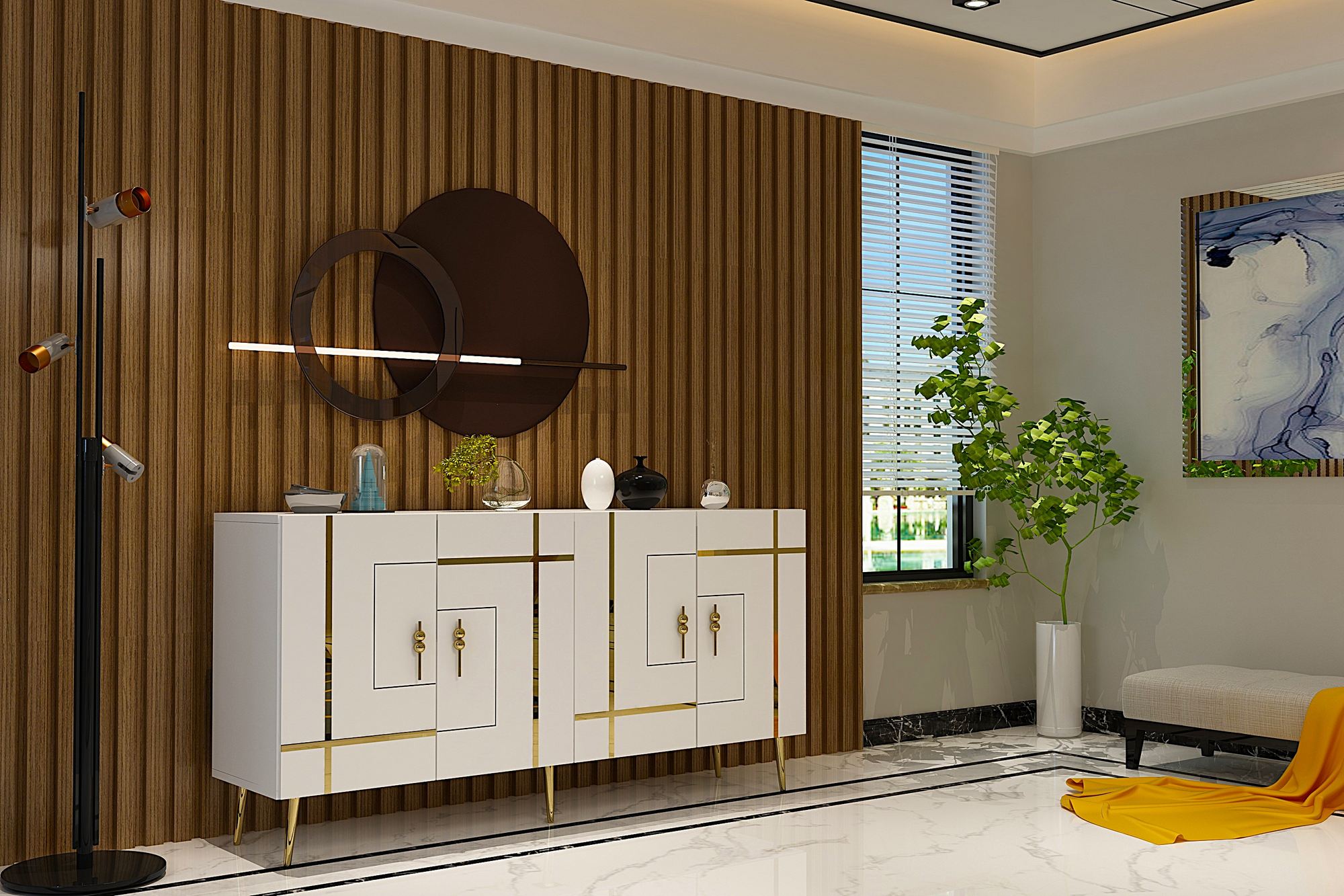 Aparador – 150cm x 75cm x 35cm – Branco e Dourado – Painel de Partículas