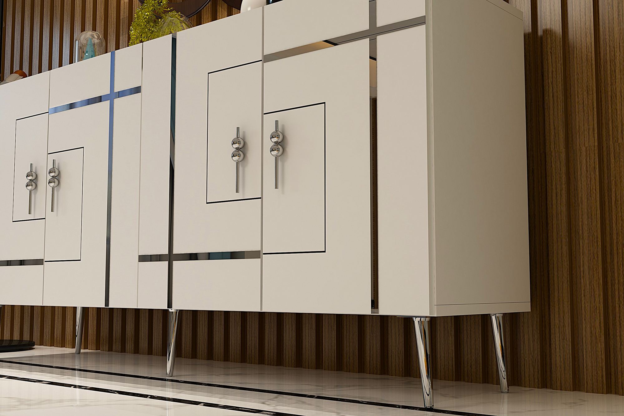 Aparador – 150 cm x 75 cm x 35 cm – Branco e Prata – Painel de partículas revestido a melamina