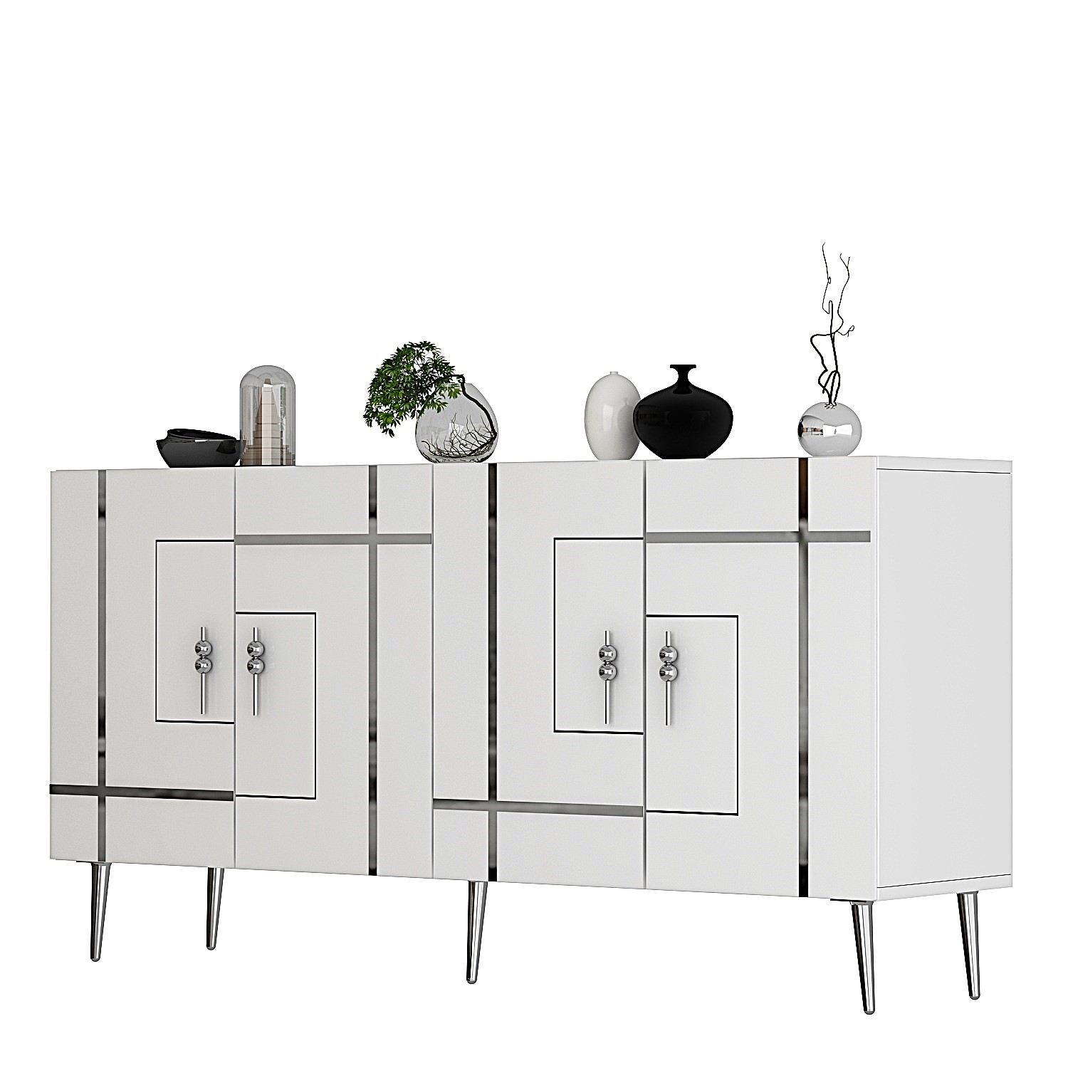 Aparador – 150 cm x 75 cm x 35 cm – Branco e Prata – Painel de partículas revestido a melamina