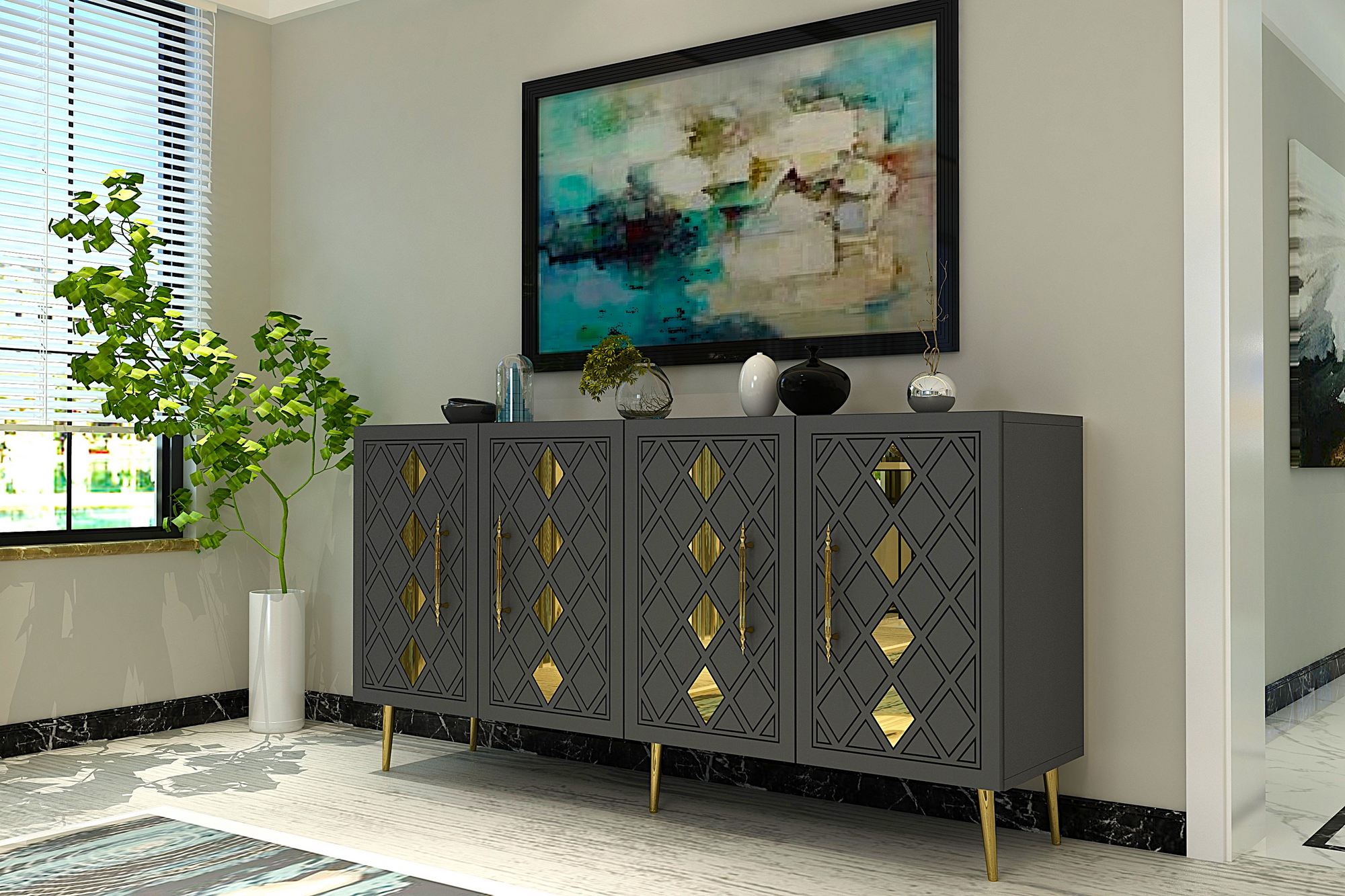 Aparador – 150 cm – Antracite/Dourado – Painéis de partículas revestidos a melamina