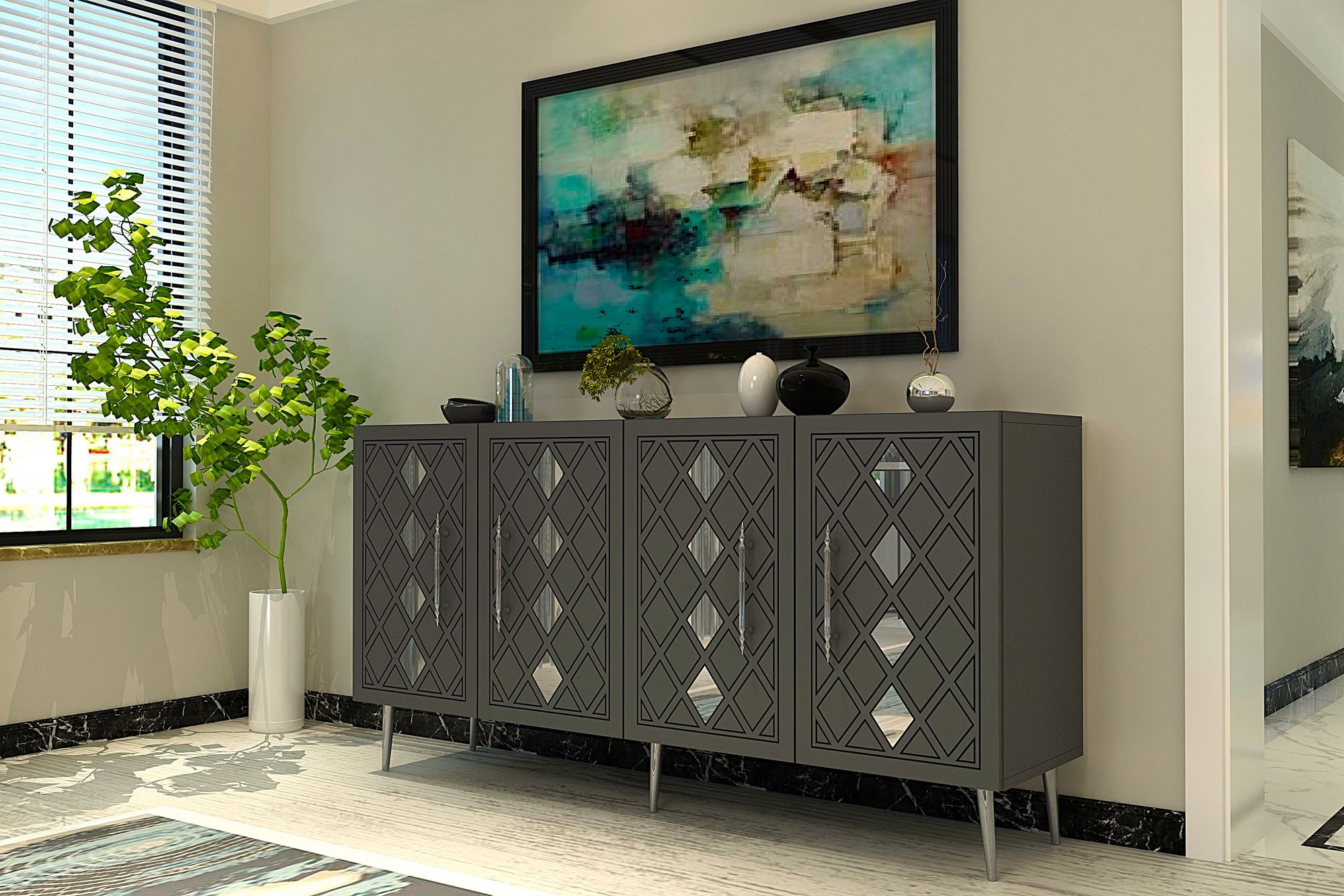 Aparador de painel de partículas revestido a melamina – 150 cm – Antracite e Prata
