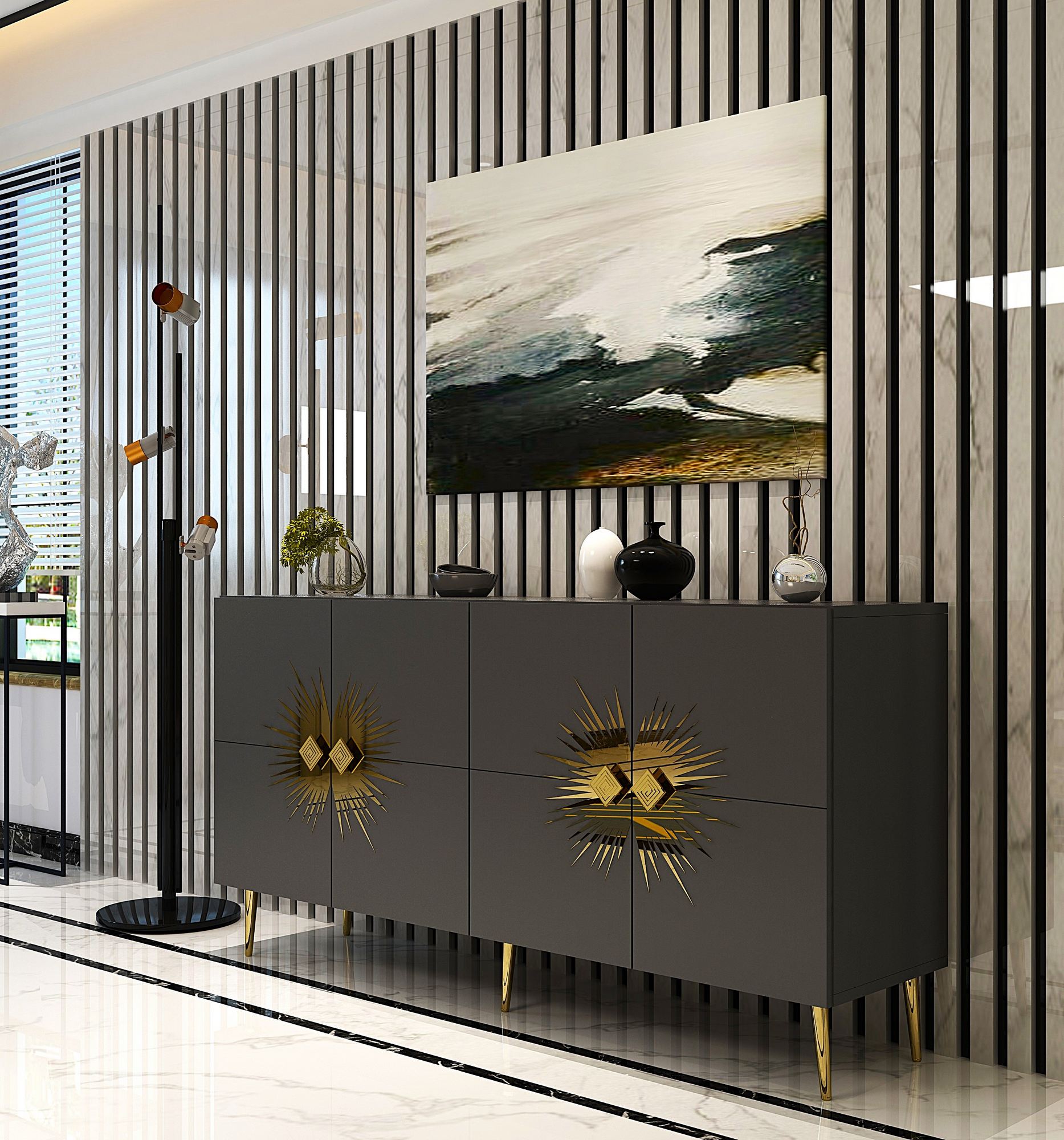 Aparador – 150 cm – Antracite e Dourado – Painéis de partículas revestidos a melamina