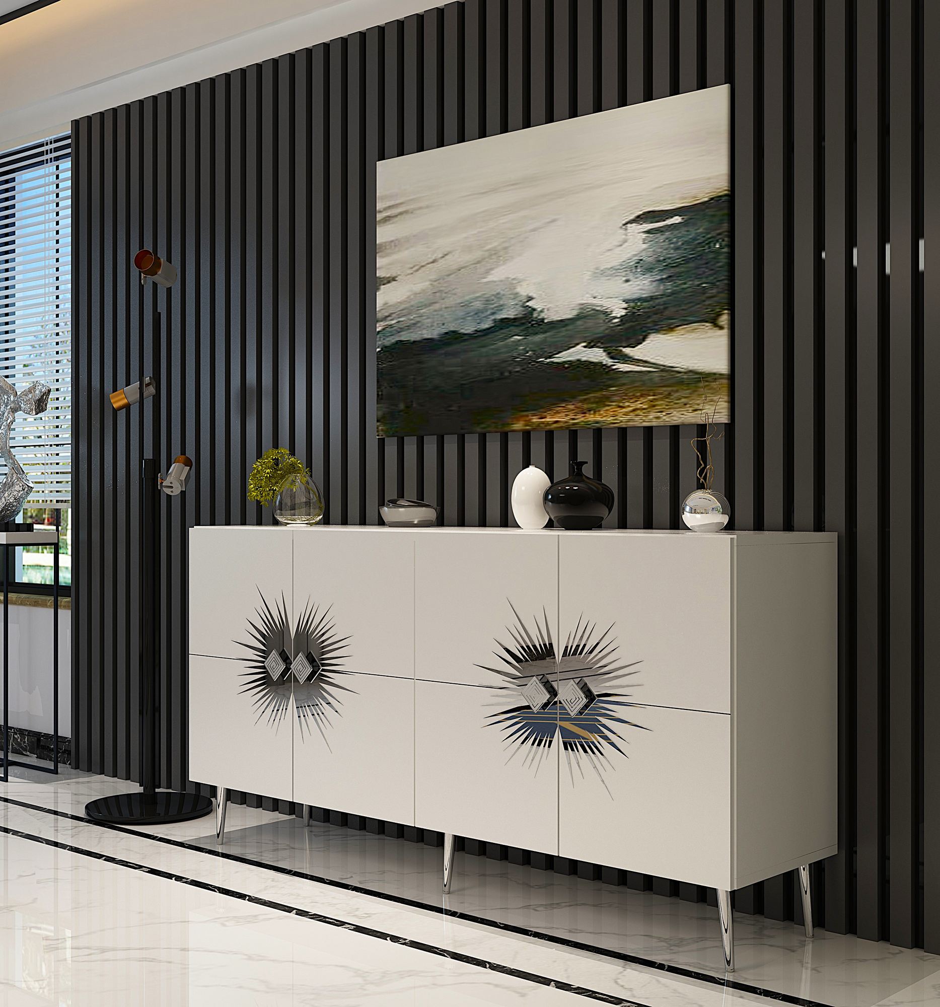 Aparador – 150 cm – Branco e Prata – Painel de partículas revestido a melamina