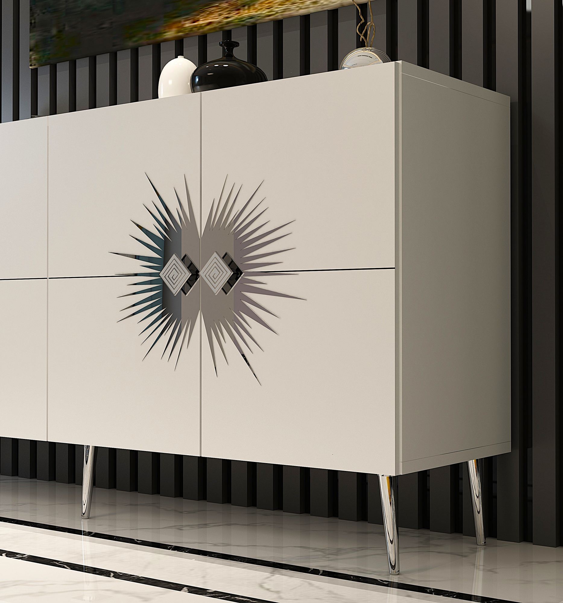 Aparador – 150 cm – Branco e Prata – Painel de partículas revestido a melamina