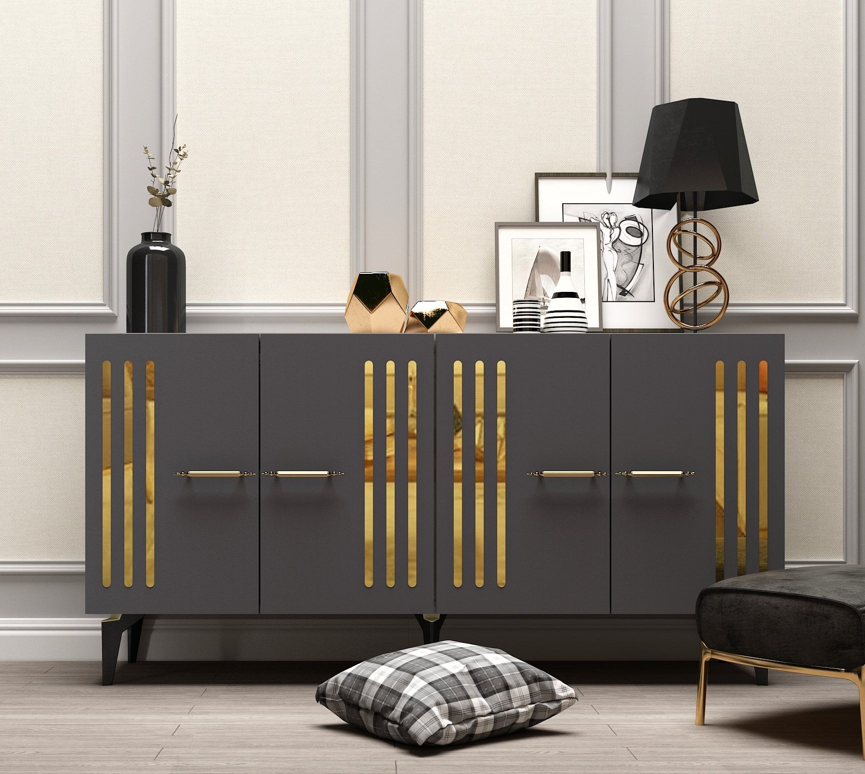 Aparador – 150 cm x 79 cm x 40 cm – Antracite e Dourado – Painéis de Partículas