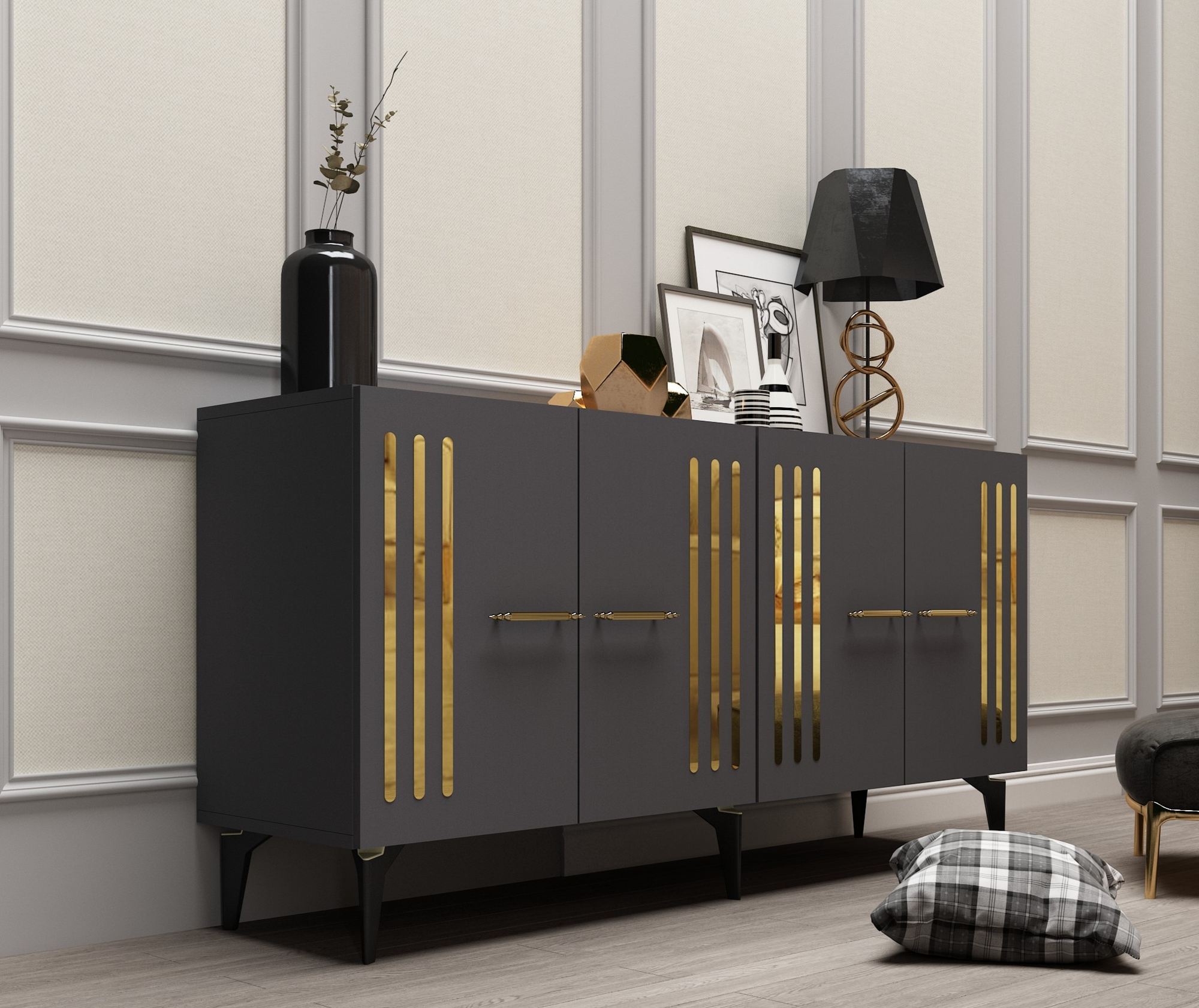 Aparador – 150 cm x 79 cm x 40 cm – Antracite e Dourado – Painéis de Partículas