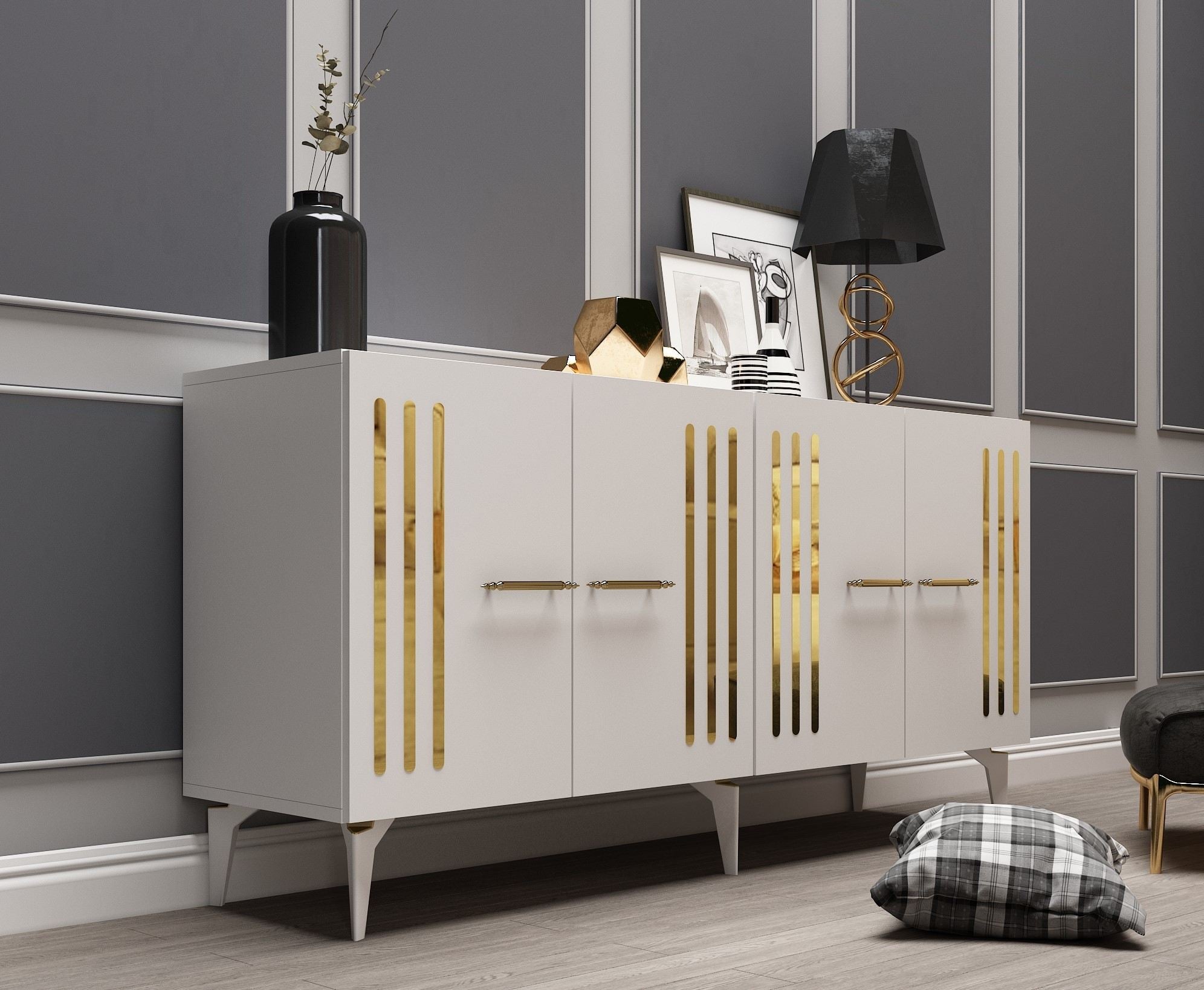 Aparador – 150cm x 79cm x 40cm – Branco e Dourado – Painel de partículas