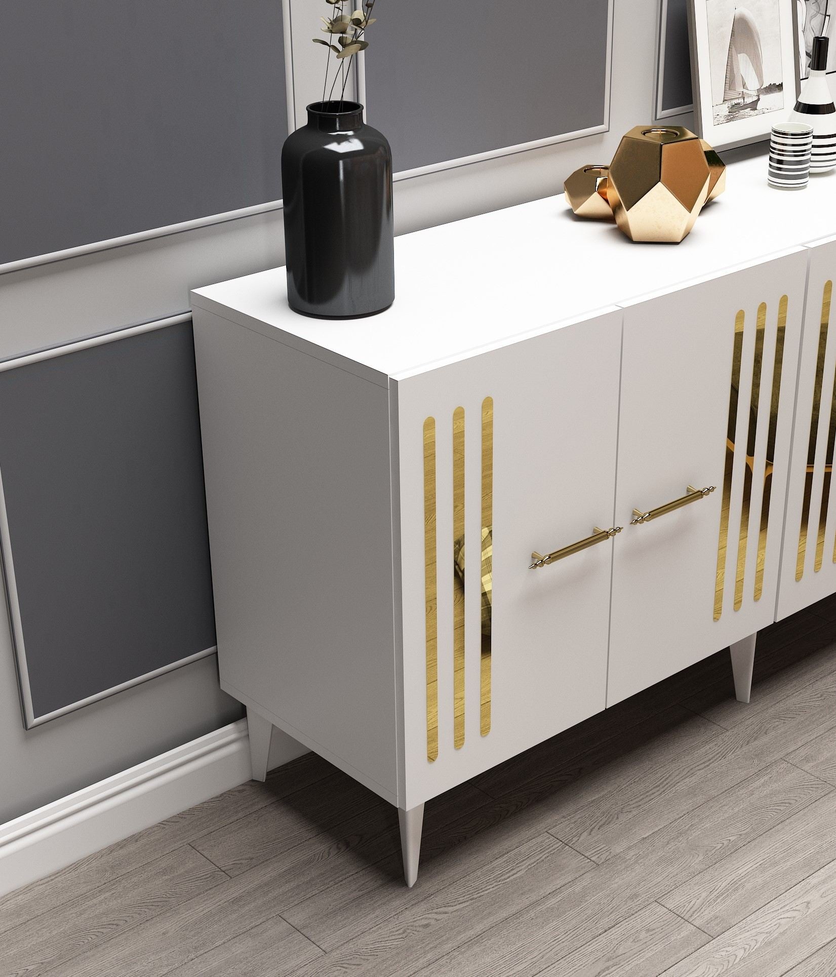 Aparador – 150cm x 79cm x 40cm – Branco e Dourado – Painel de partículas