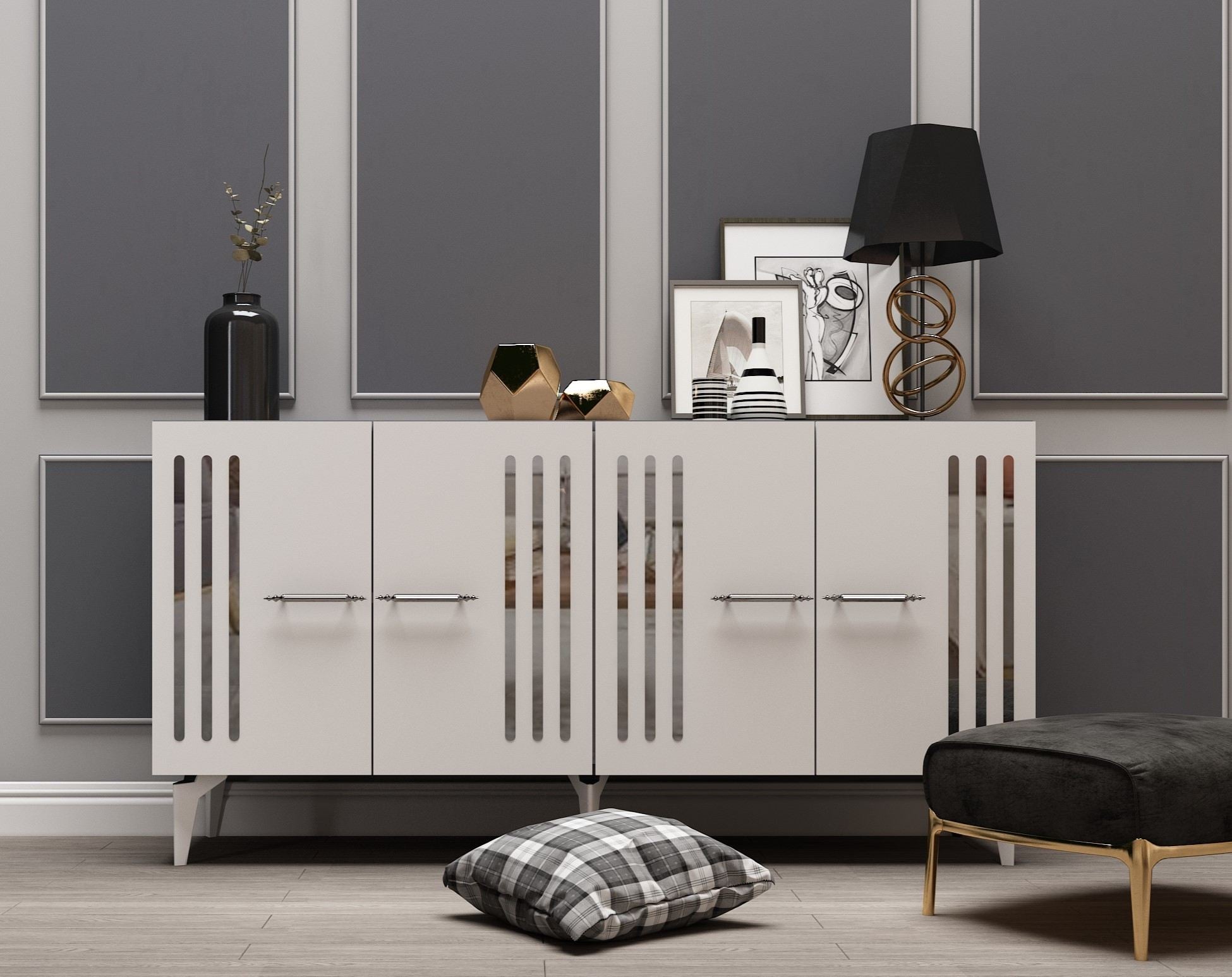 Aparador – 150 cm – Branco/Prata – Painel de partículas revestido a melamina