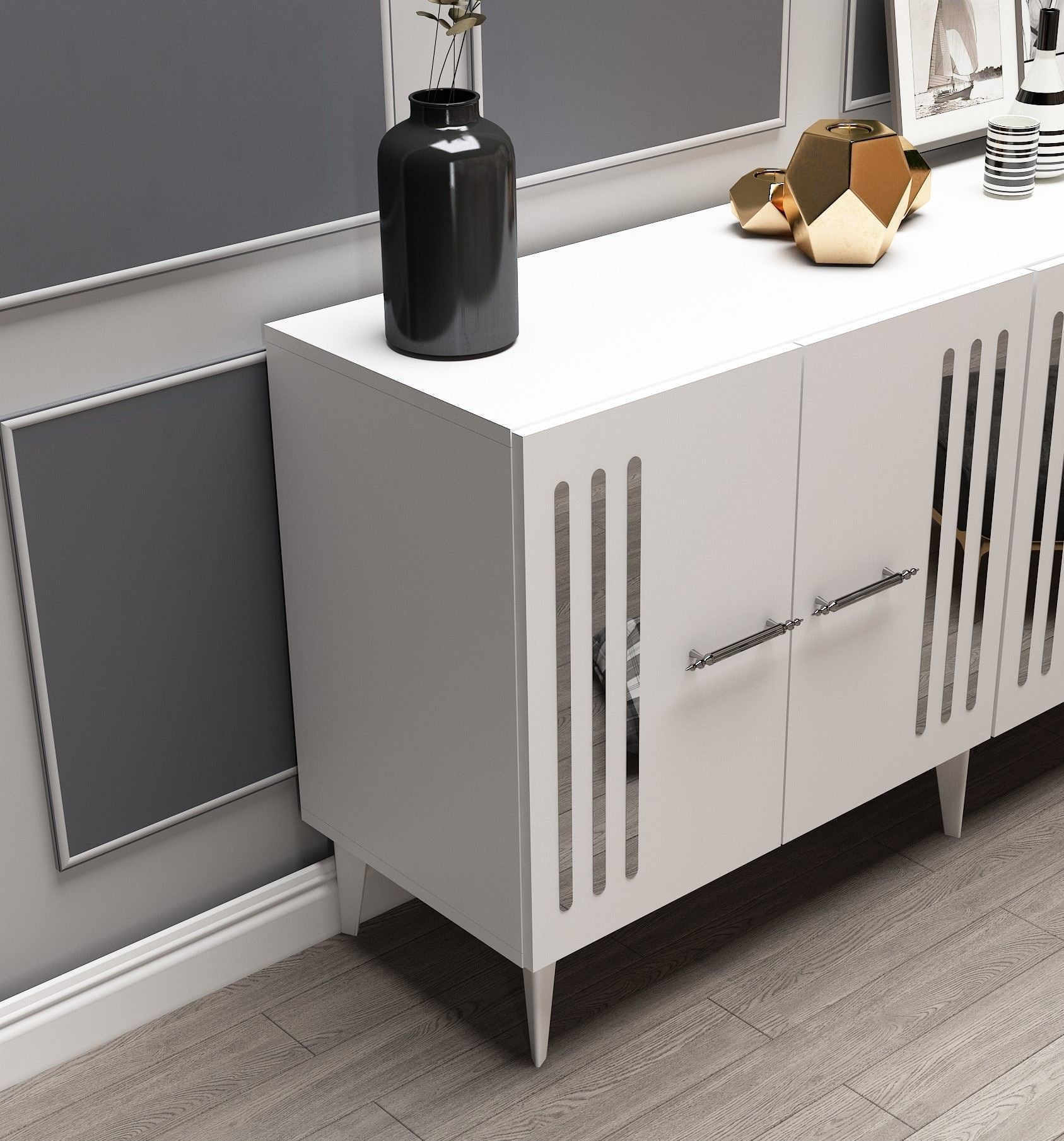 Aparador – 150 cm – Branco/Prata – Painel de partículas revestido a melamina
