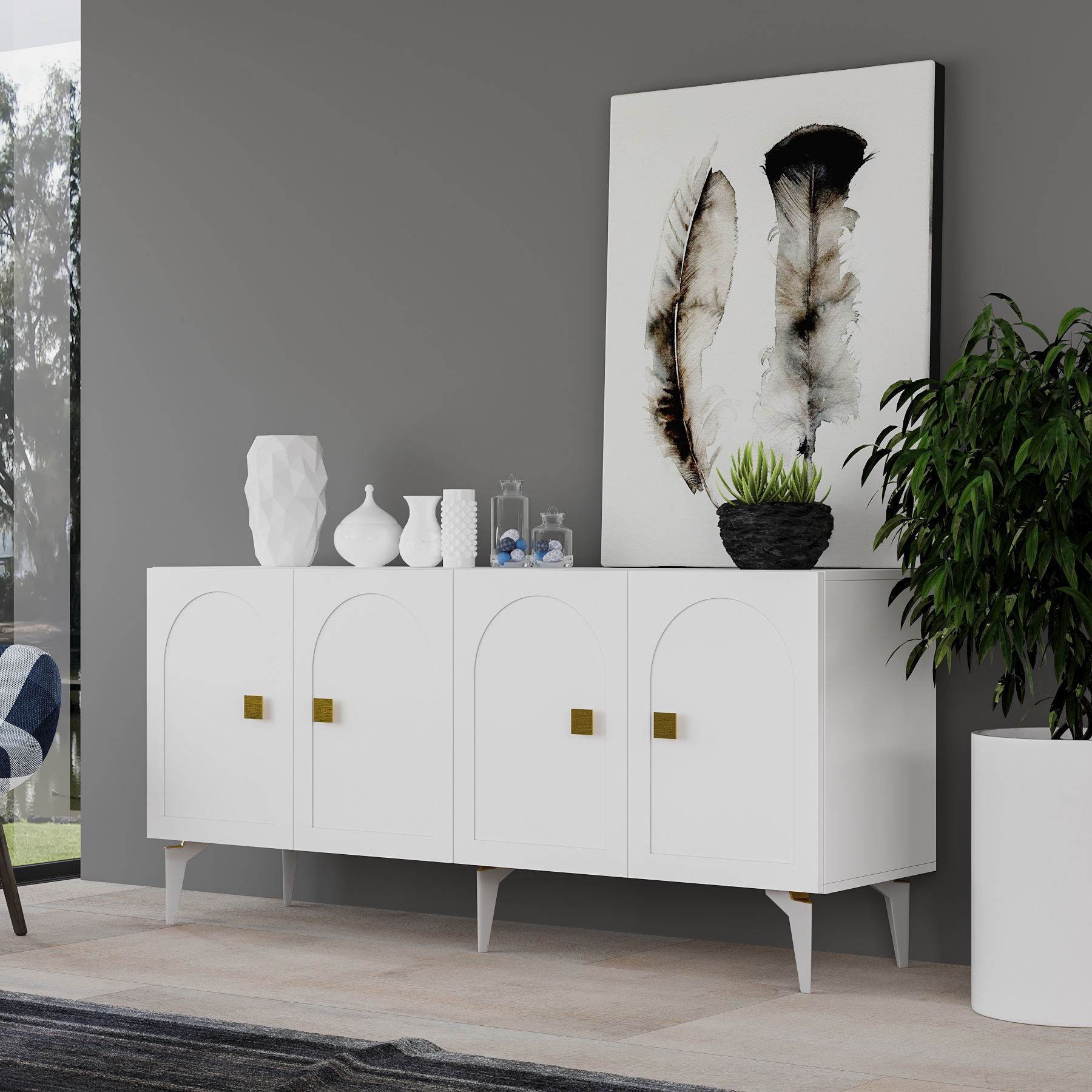 Aparador – 150cm x 79cm x 40cm – Branco e Dourado – Painel de Partículas