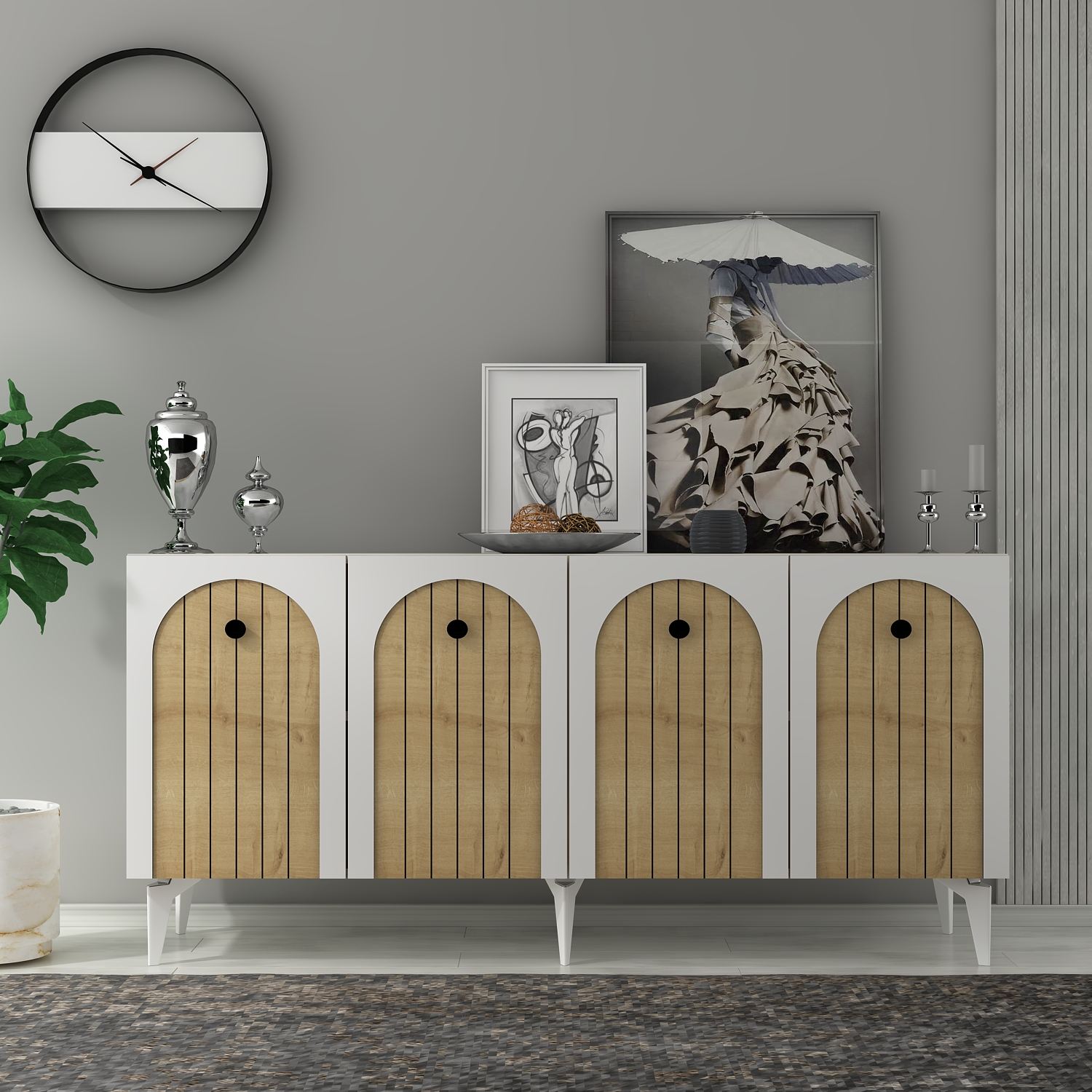Aparador de parede – 150cm x 79cm x 40cm – Branco e Carvalho Safira – Painéis de partículas