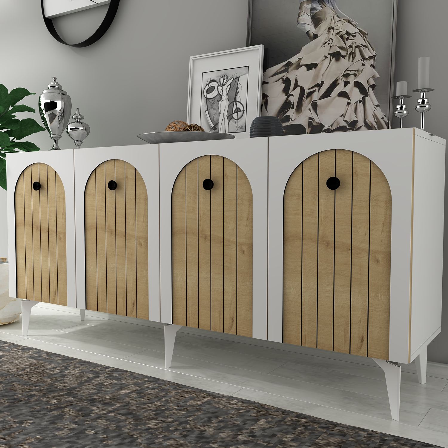 Aparador de parede – 150cm x 79cm x 40cm – Branco e Carvalho Safira – Painéis de partículas