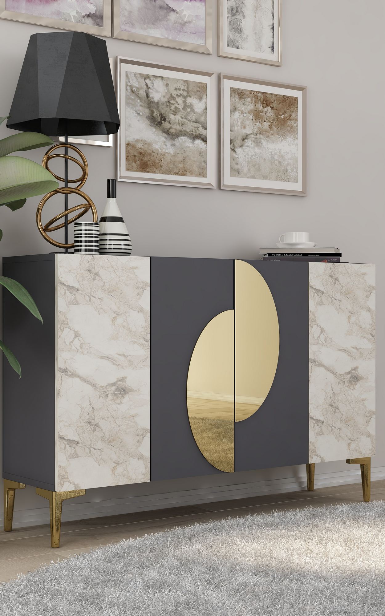 Aparador – 120 cm – Antracite, Mármore de Éfeso e Ouro – Aglomerado revestido de melamina