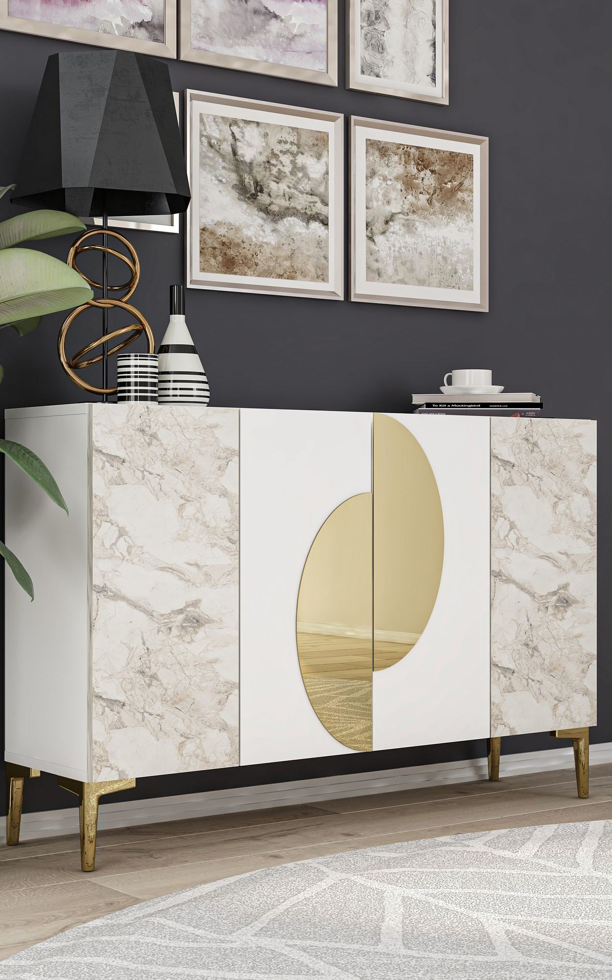 Aparador – 120cm x 75cm x 29.6cm – Branco, Mármore de Éfeso, Dourado – Aglomerado