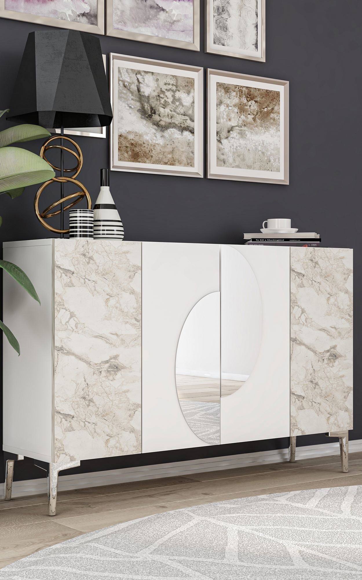 Aparador de MDF – 120 cm – Branco, Mármore de Éfeso, Prata