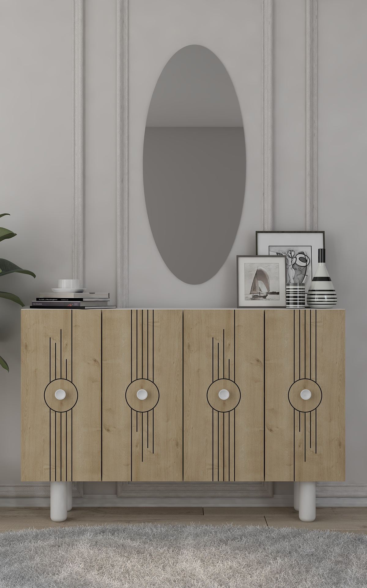 Aparador – 120cm x 75cm x 29,6cm – Branco e Carvalho Safira – Aglomerado revestido de melamina