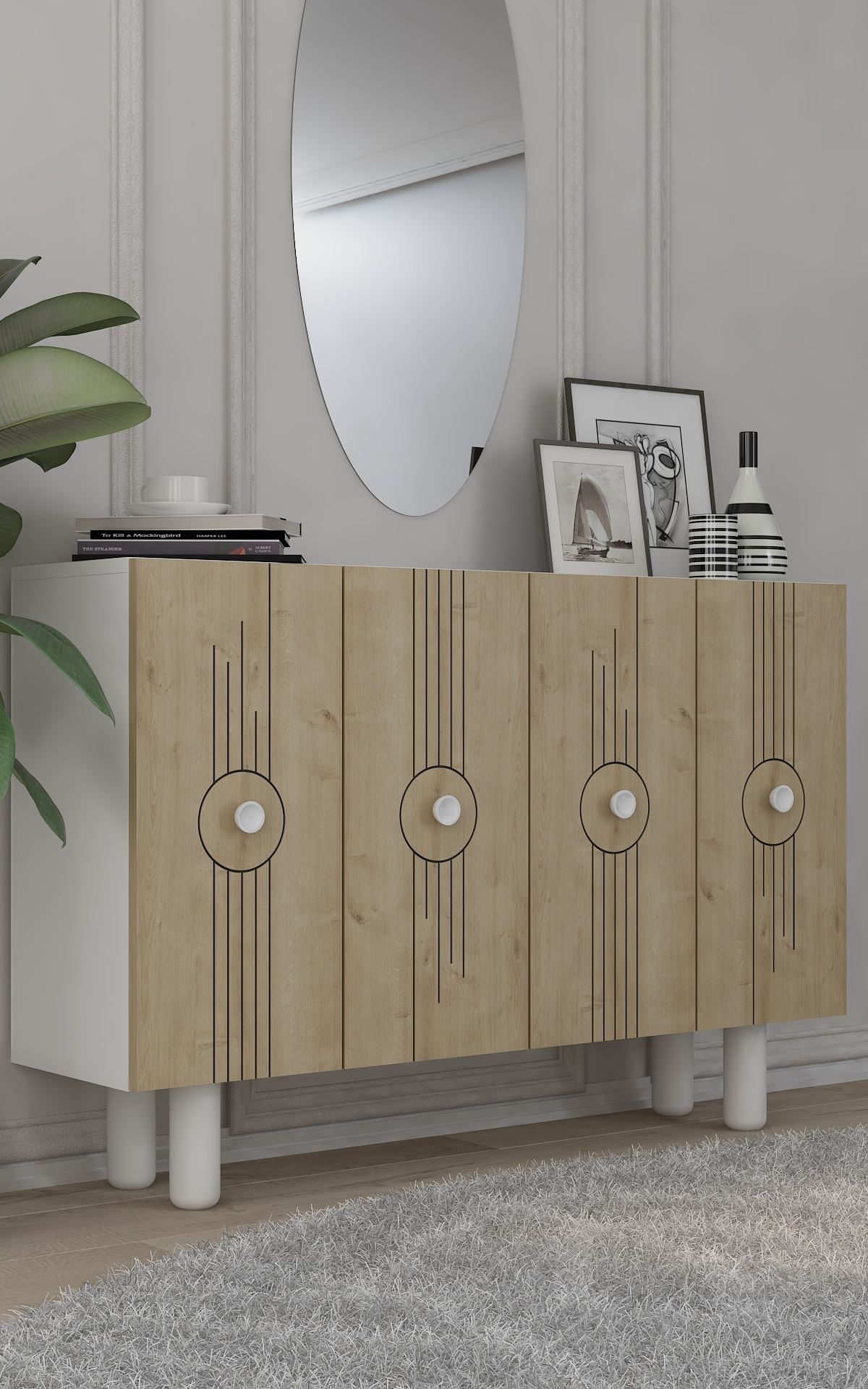 Aparador – 120cm x 75cm x 29,6cm – Branco e Carvalho Safira – Aglomerado revestido de melamina