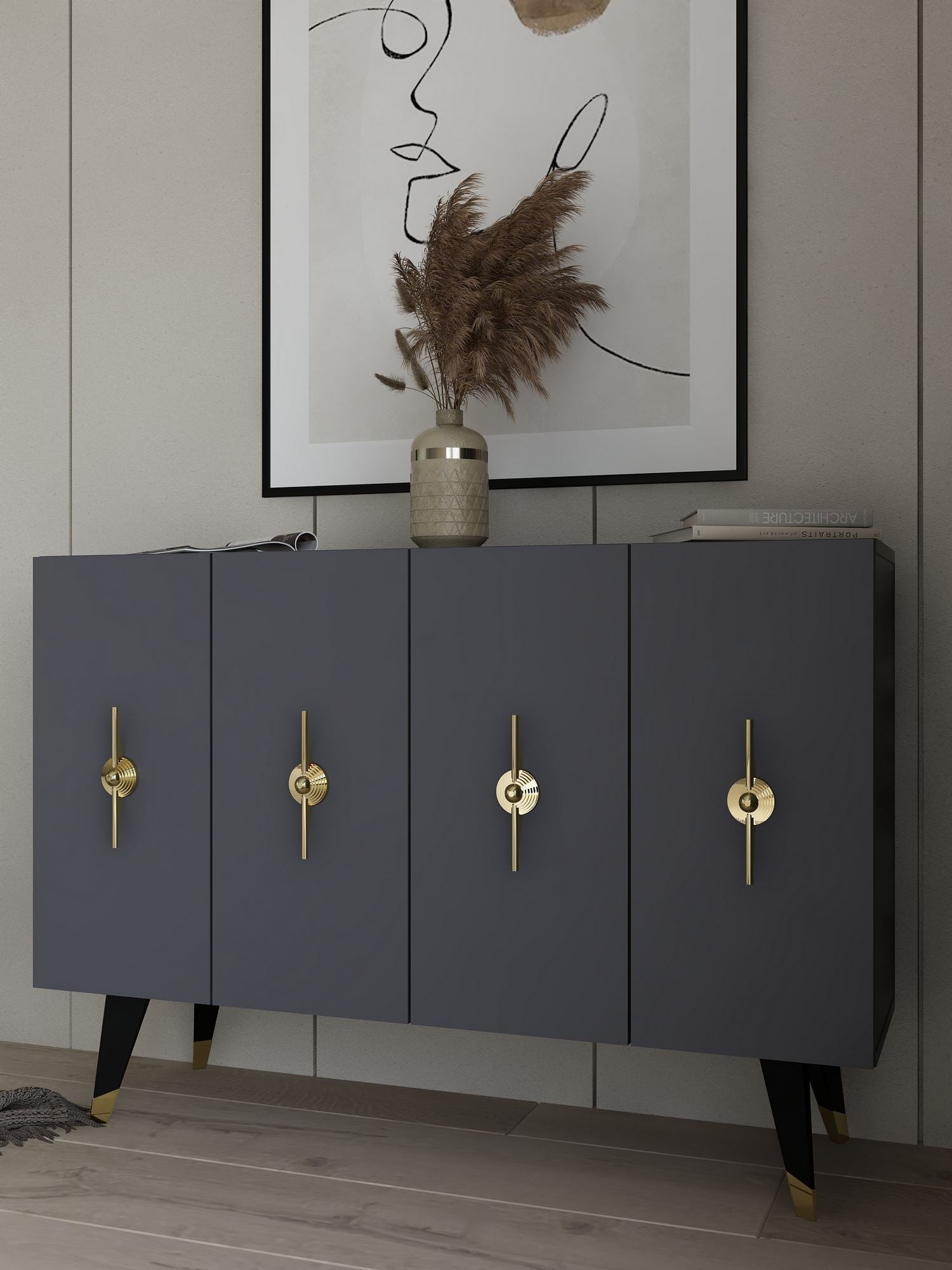 Aparador – 120 cm x 80 cm x 29,6 cm – Dourado e Antracite – Painel de partículas revestido de melamina