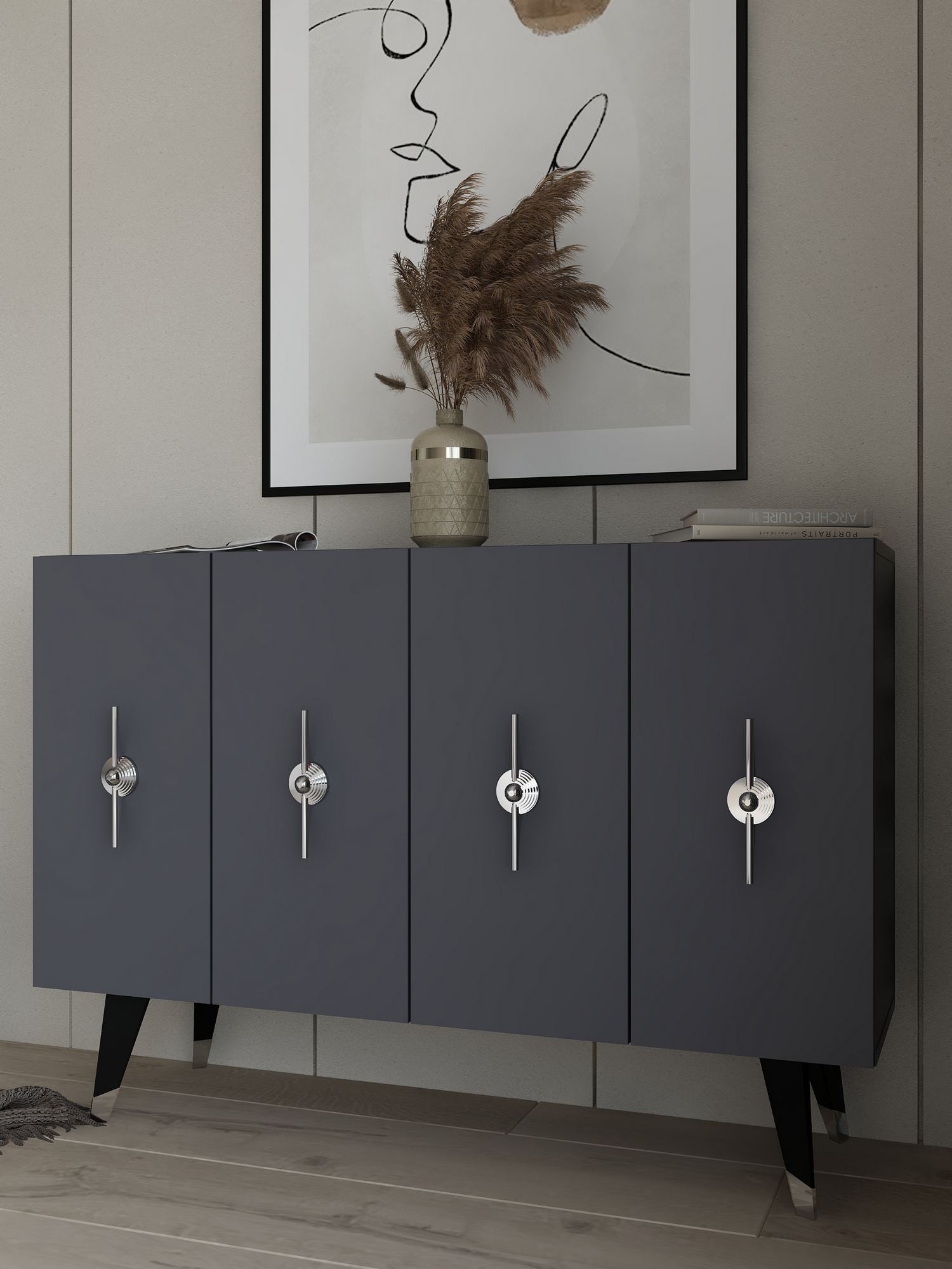 Aparador – 120cm x 80cm x 29,6cm – Prata e Antracite – Painel de partículas revestido de melamina