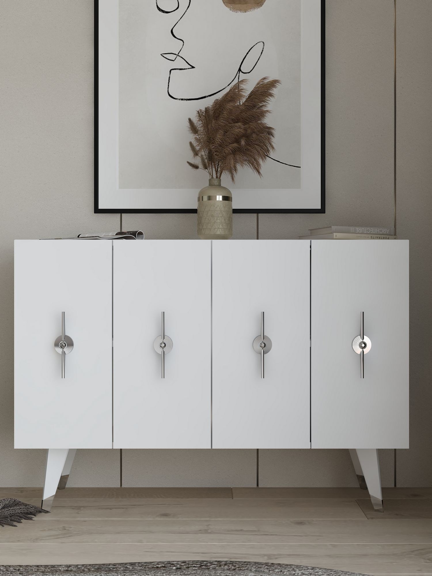 Aparador – 120cm x 80cm x 29,6cm – Prata e Branco – Painel de Partículas com Melamina