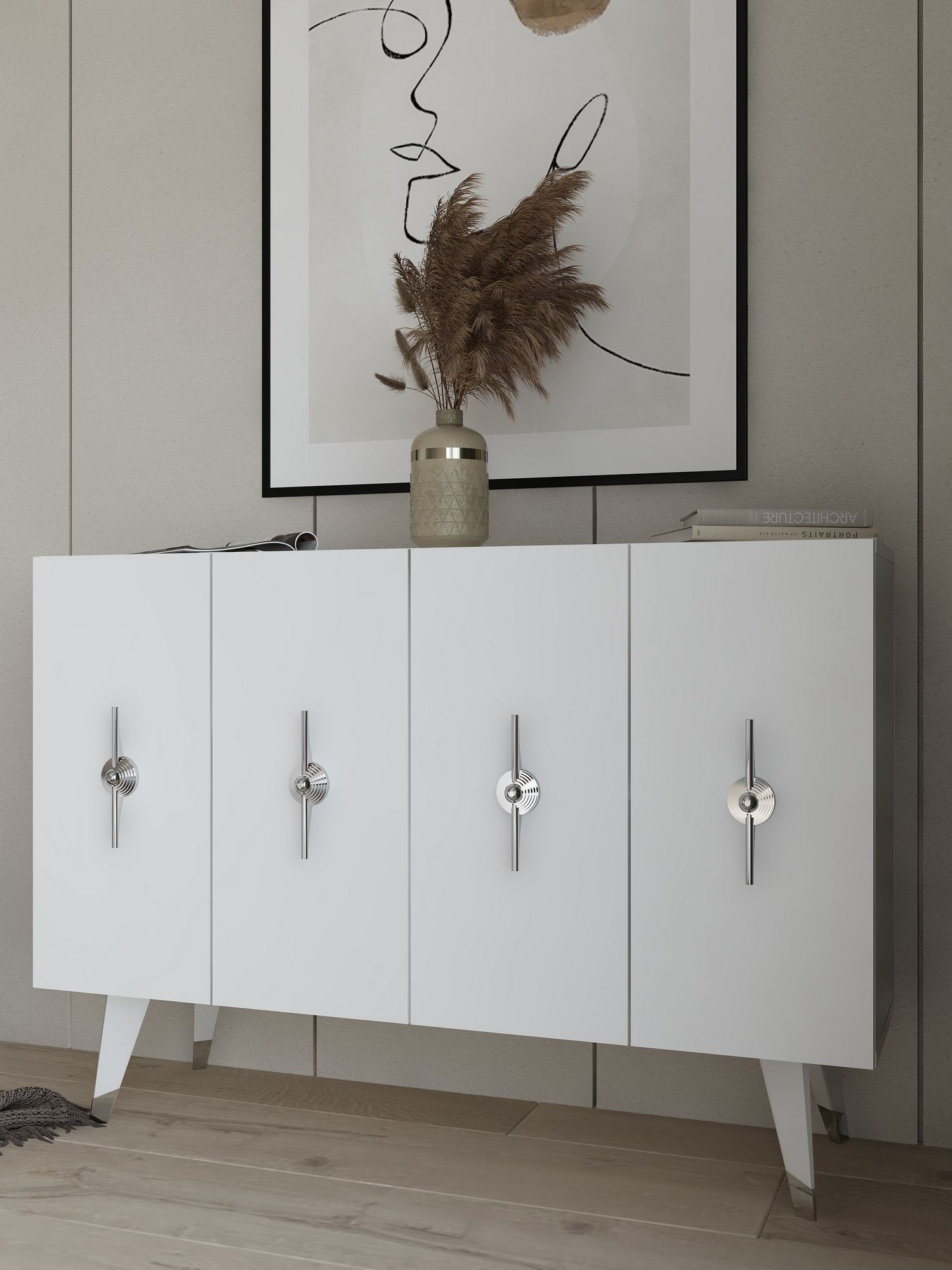 Aparador – 120cm x 80cm x 29,6cm – Prata e Branco – Painel de Partículas com Melamina