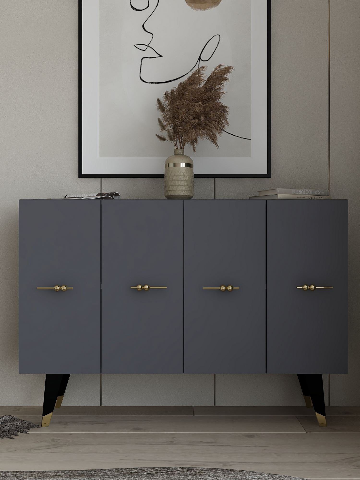 Aparador – 120 cm x 80 cm x 29,6 cm – Dourado e Antracite – Painel de Partículas Revestido de Melamina