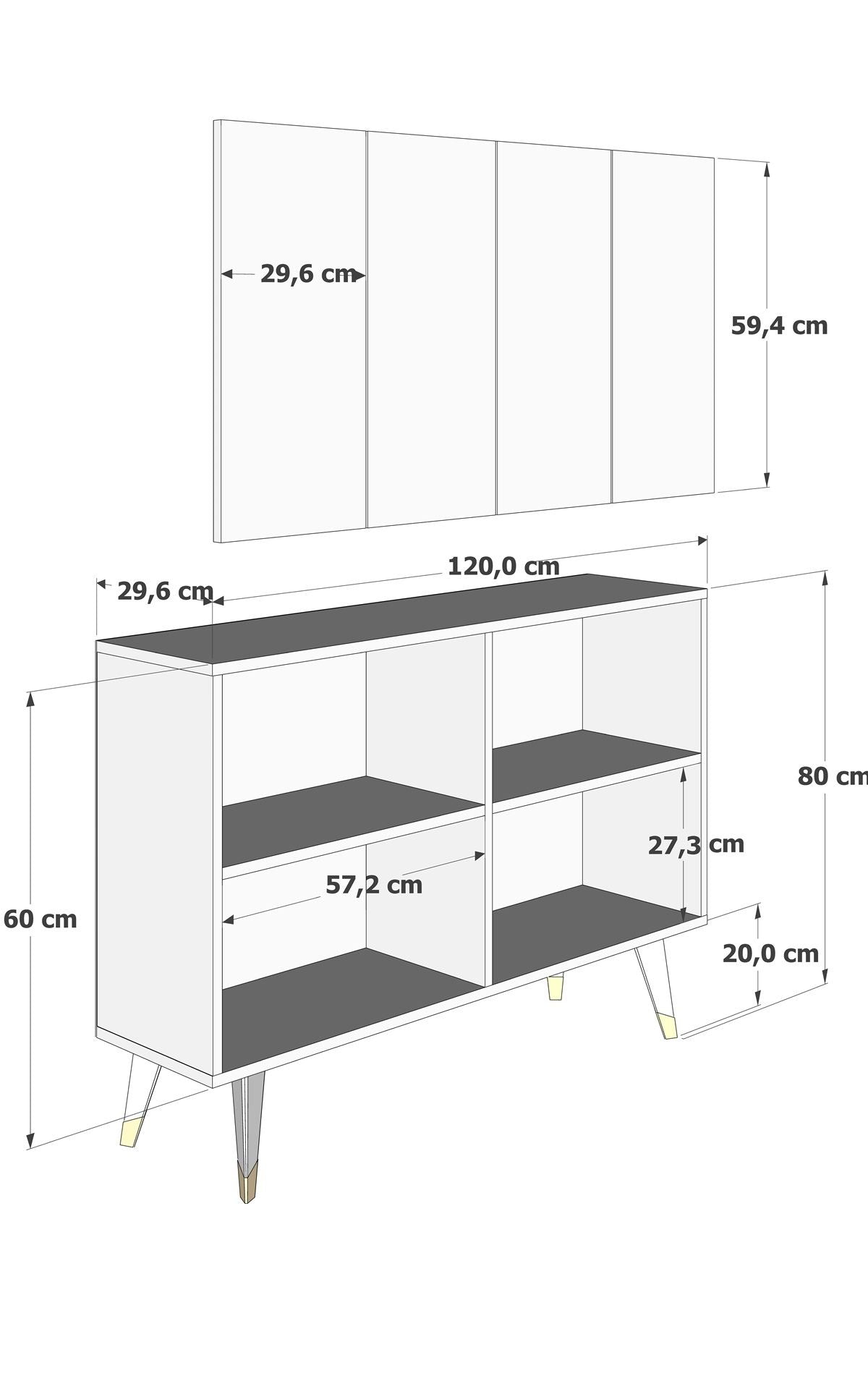 Aparador de madeira aglomerada revestido de melamina – 120x80x29,6 cm – dourado e branco