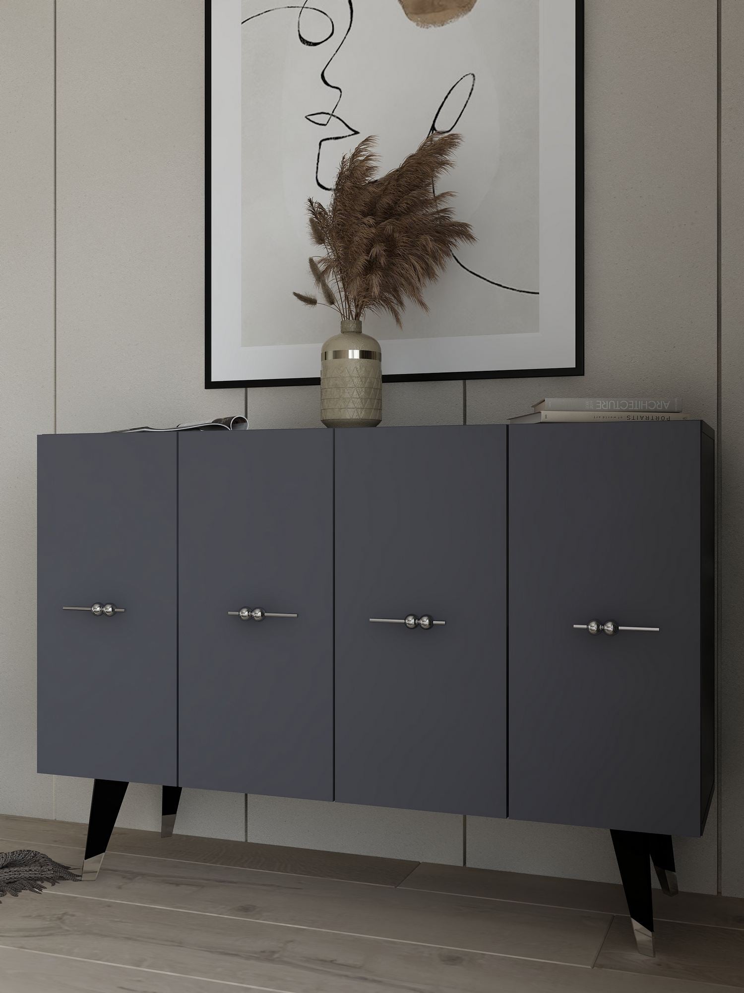 Aparador – 120 cm x 80 cm x 29,6 cm – Prata e Antracite – Painel de partículas revestido de melamina