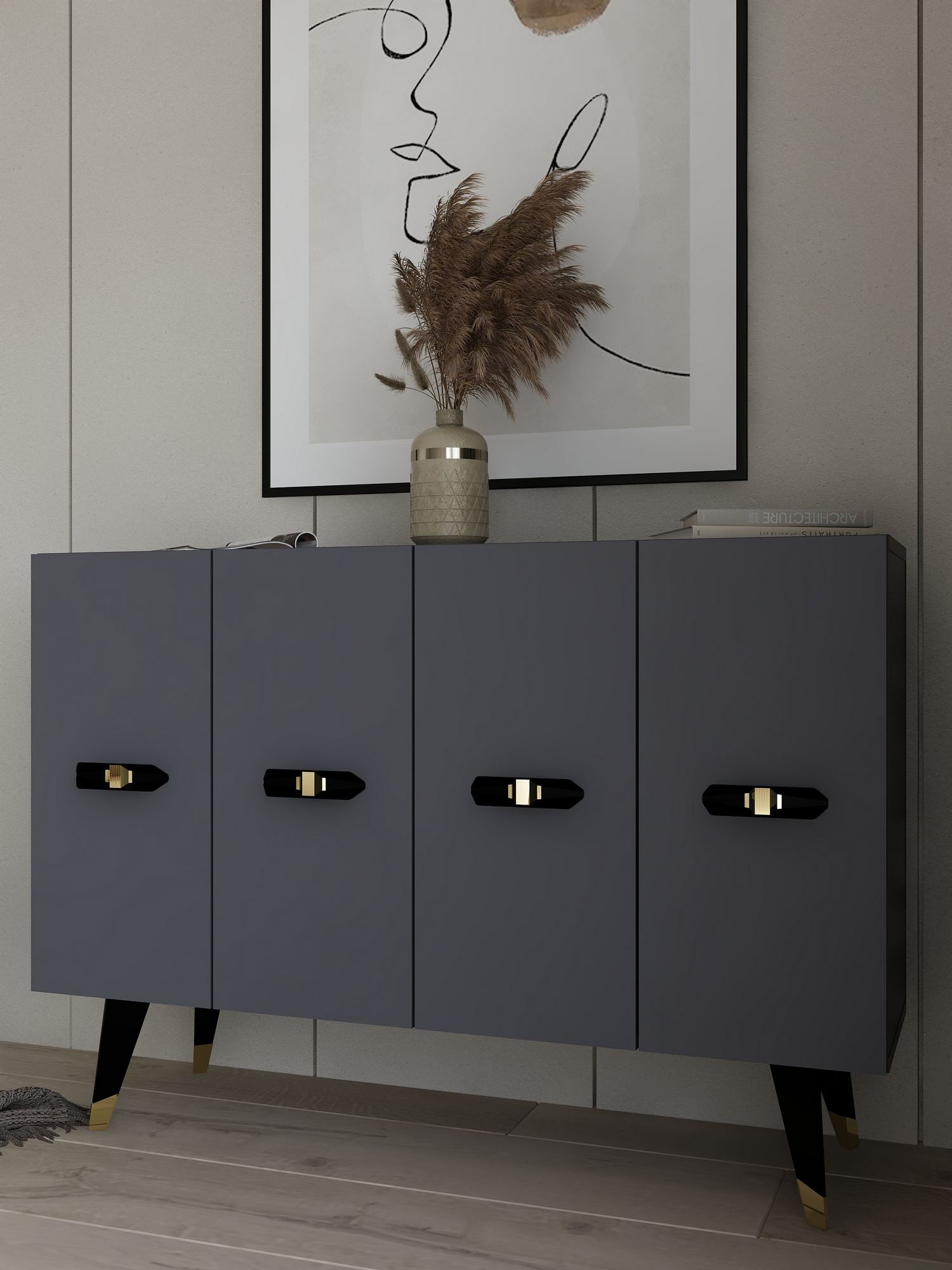 Aparador – 120 cm x 80 cm x 29,6 cm – Dourado e Antracite – Painel de partículas revestido de melamina