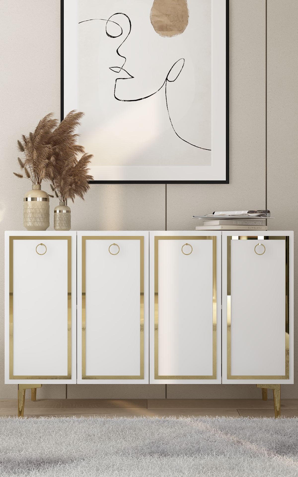 Aparador – 120cm x 75cm x 29,6cm – Branco e Dourado – MDF