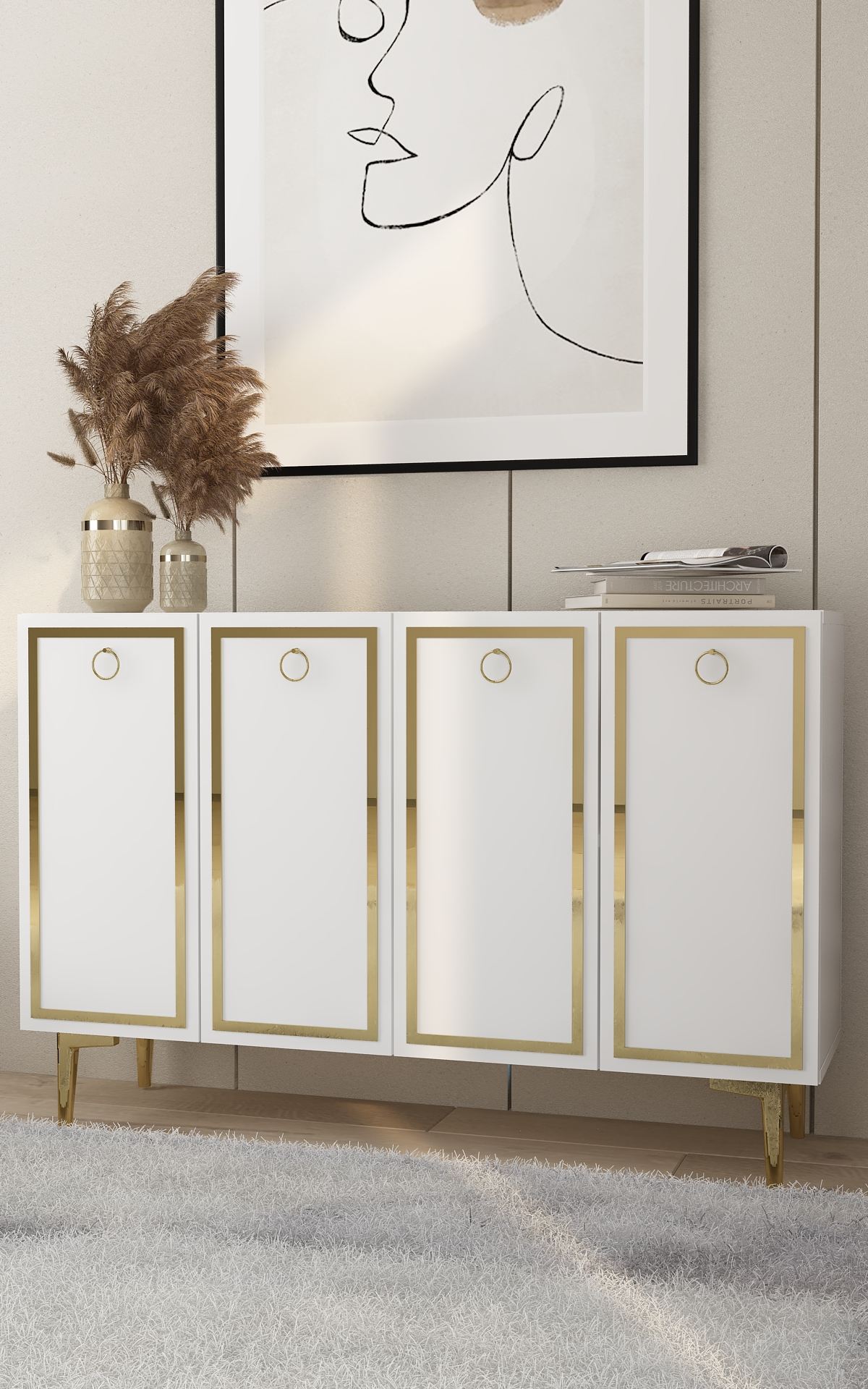Aparador – 120cm x 75cm x 29,6cm – Branco e Dourado – MDF