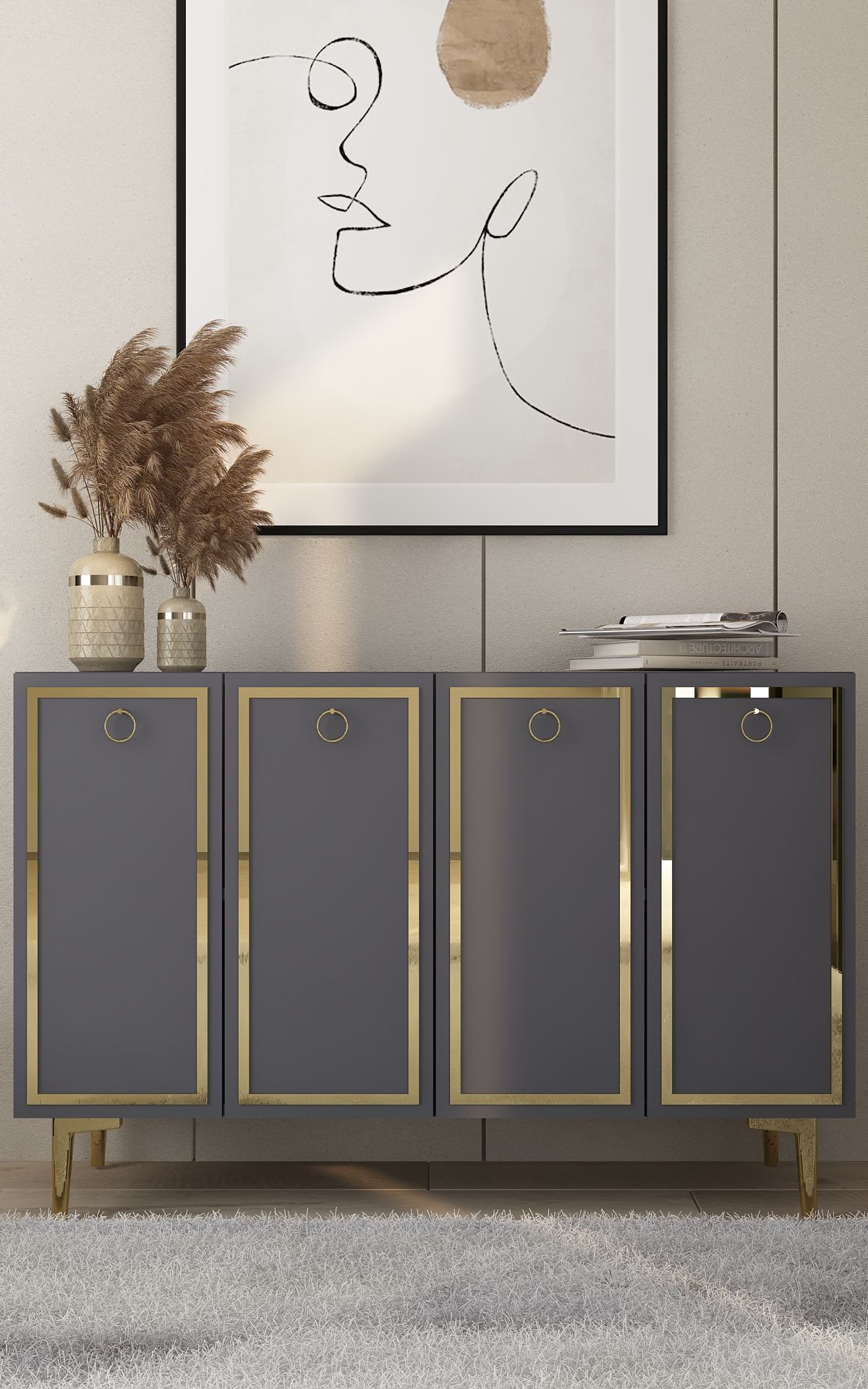 Aparador – 120cm x 75cm x 29,6cm – Antracite e Ouro – Aglomerado