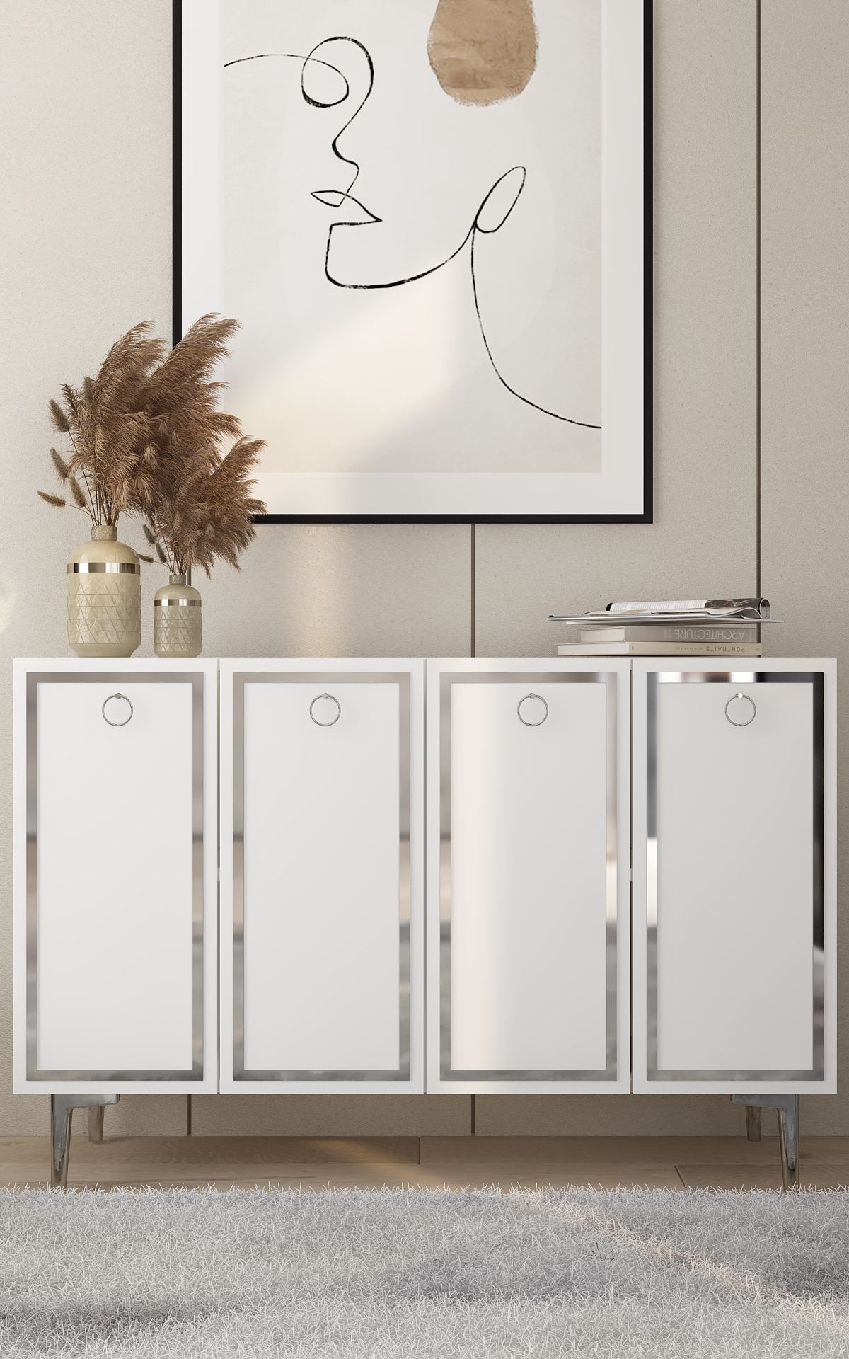 Aparador – 120 cm x 75 cm x 29,6 cm – Branco e Prata – Painel de partículas revestido de melamina