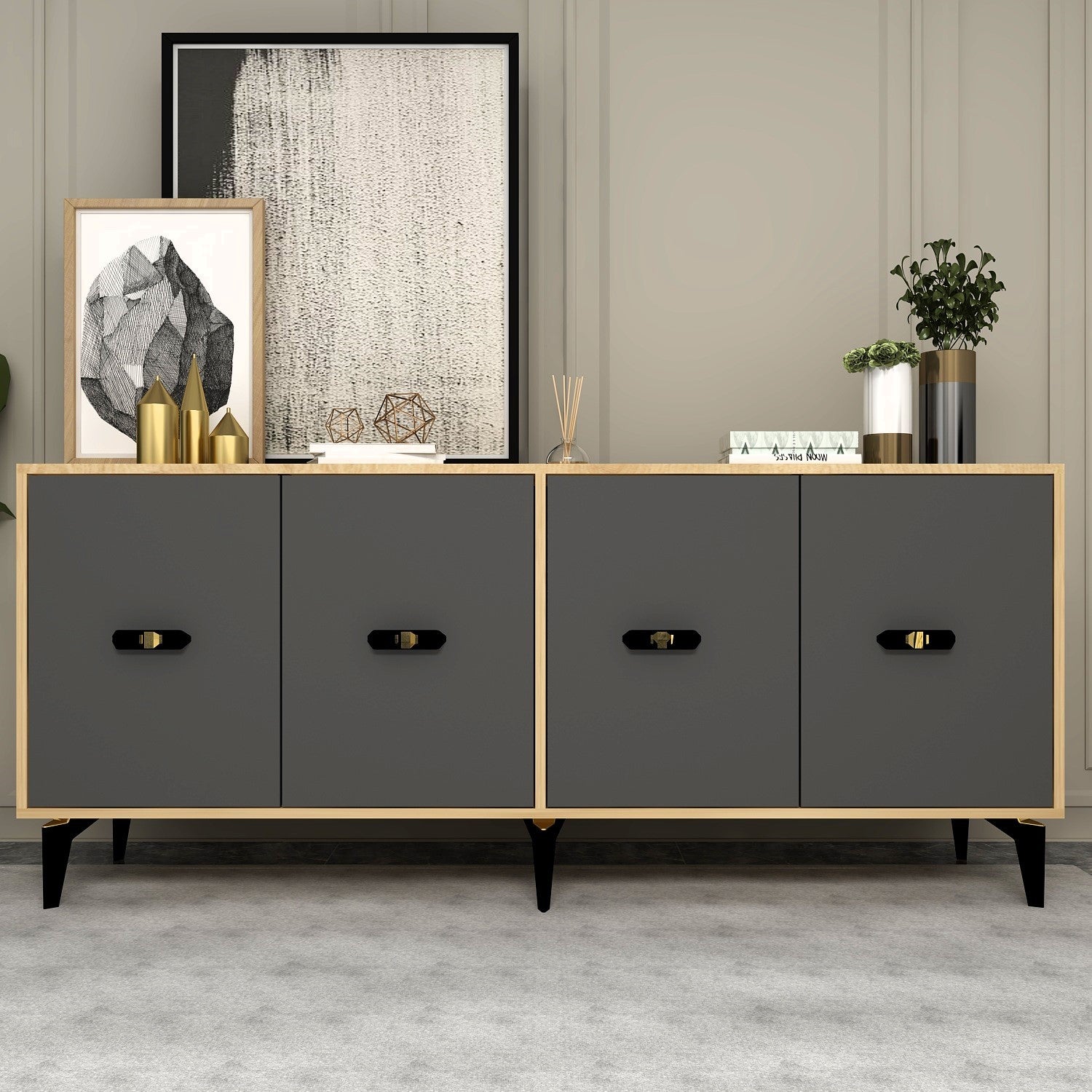 Aparador – 180 cm x 82,6 cm x 35 cm – Carvalho Safira e Antracite – aglomerado com revestimento de melamina