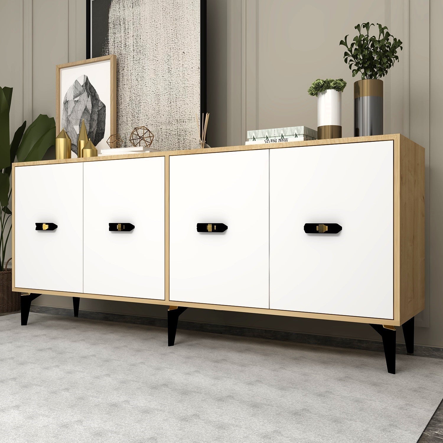Aparador de aglomerado revestido de melamina – 180cm x 82,6cm x 35cm – Carvalho Safira e Branco