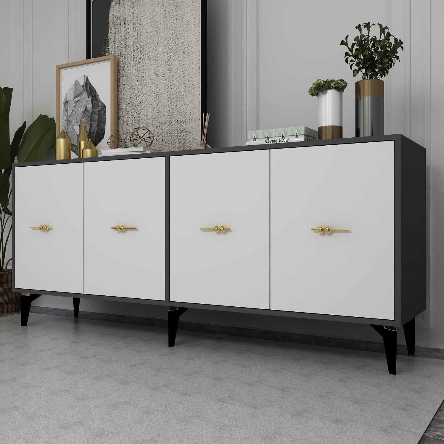 Aparador de painel de partículas revestido com melamina – 180cm x 82.6cm x 35cm – Antracite e Branco