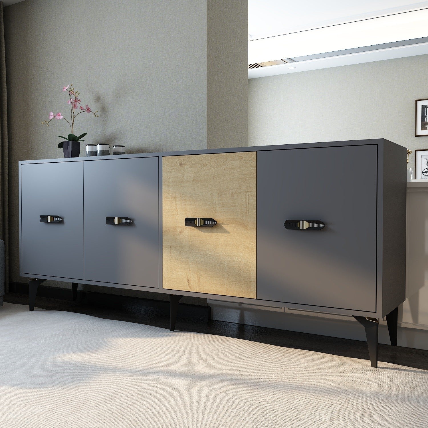 Aparador – 180 cm x 82,6 cm x 35 cm – Antracite e Carvalho Safira – Aglomerado