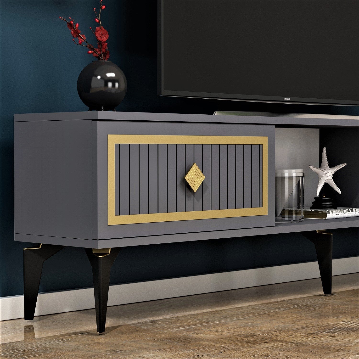 Móvel de TV – 150 cm x 44,6 cm x 29,6 cm – Antracite e Dourado – Melamina