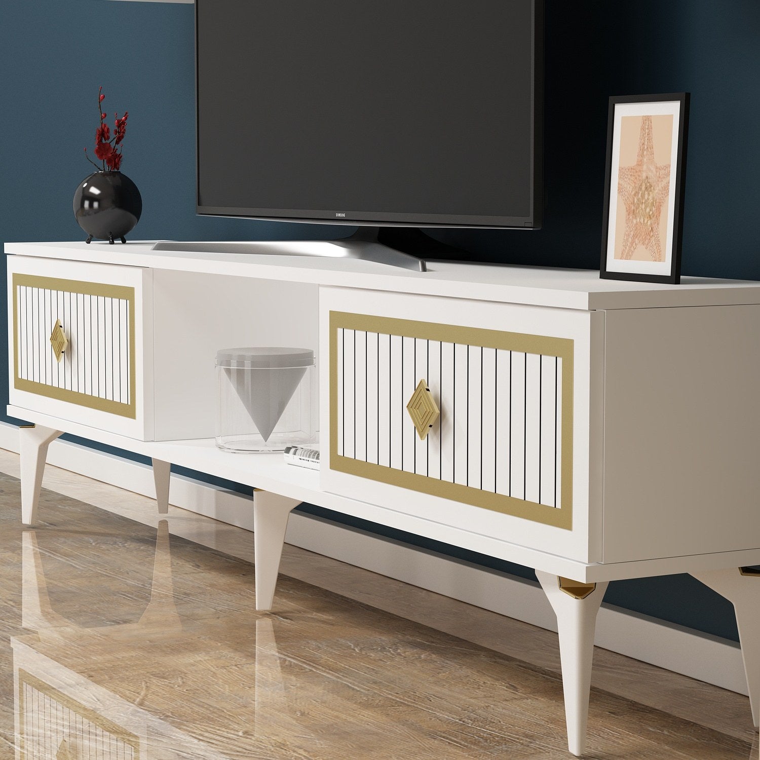 Móvel de TV – 150 cm – Branco e Dourado – Painéis de partículas revestidos a melamina