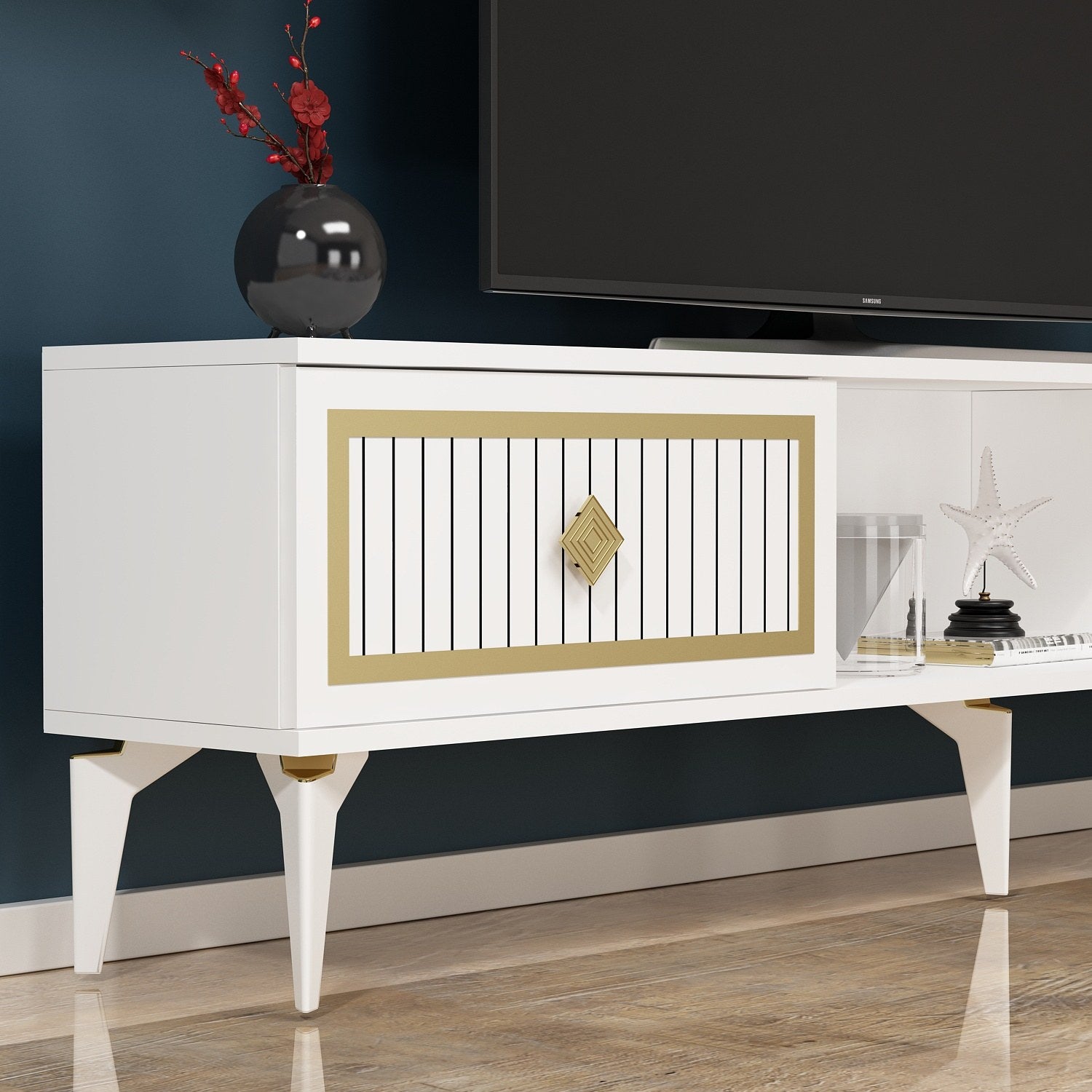 Móvel de TV – 150 cm – Branco e Dourado – Painéis de partículas revestidos a melamina