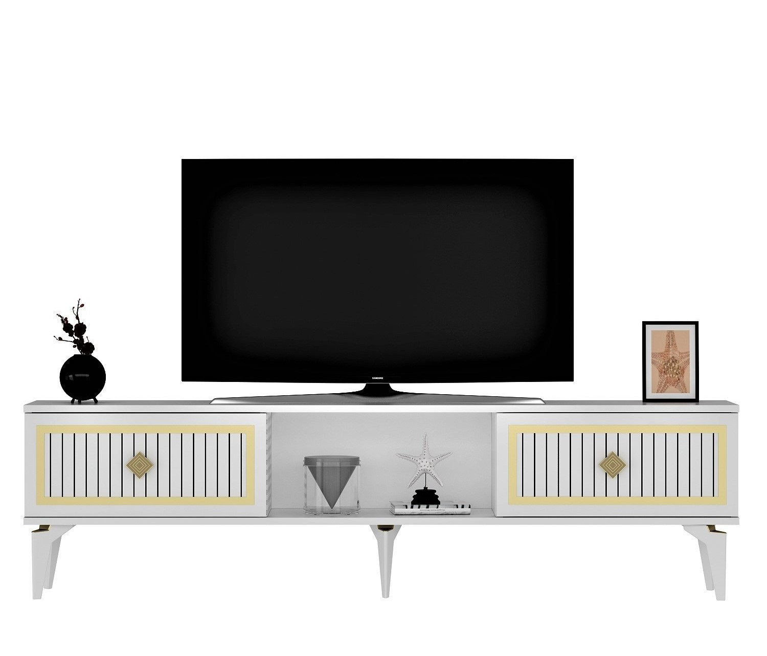 Móvel de TV – 150 cm – Branco e Dourado – Painéis de partículas revestidos a melamina