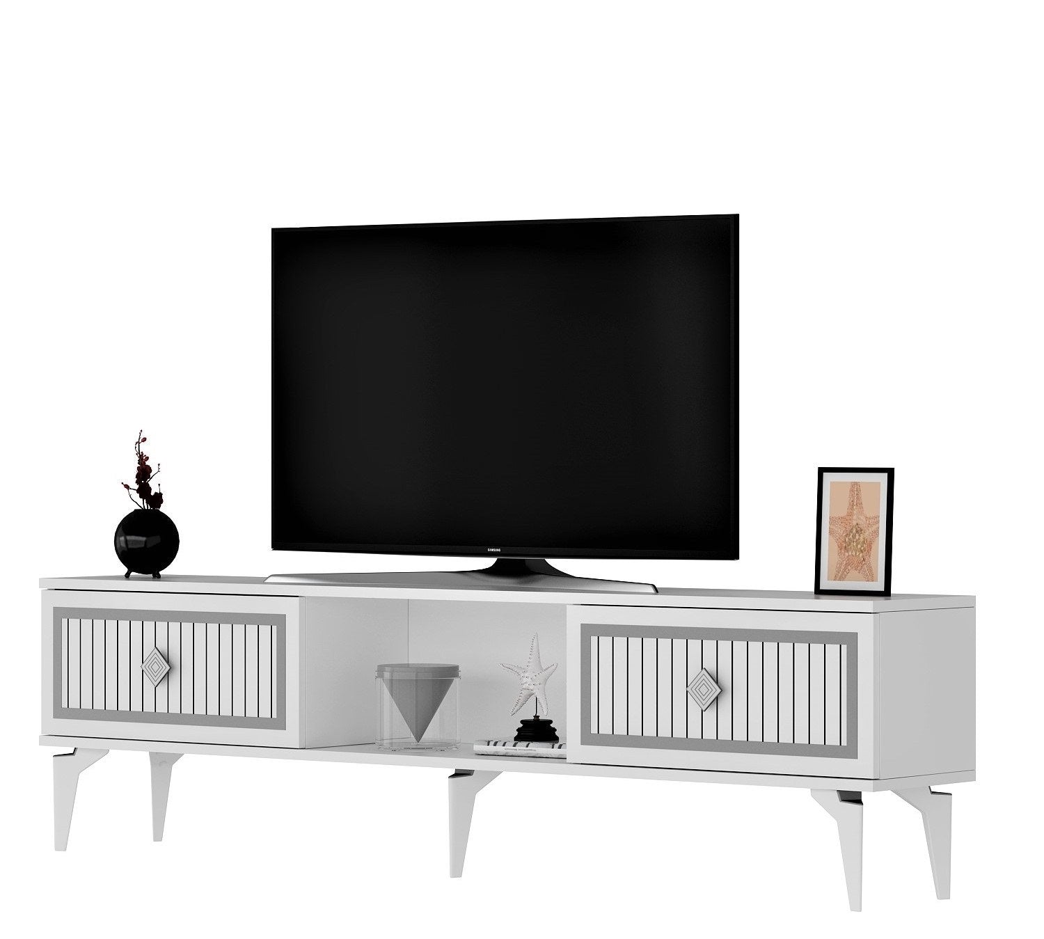 Móvel de TV – 150 cm x 44,6 cm x 29,6 cm – Branco e Prata – Painéis de partículas revestidos a melamina