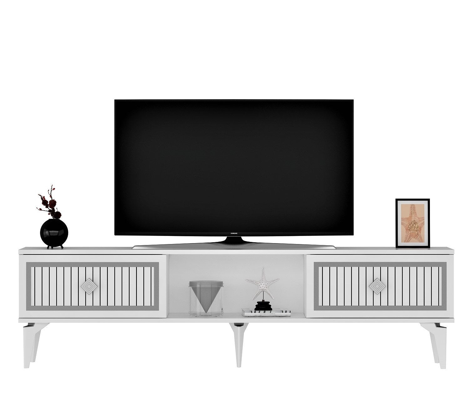 Móvel de TV – 150 cm x 44,6 cm x 29,6 cm – Branco e Prata – Painéis de partículas revestidos a melamina