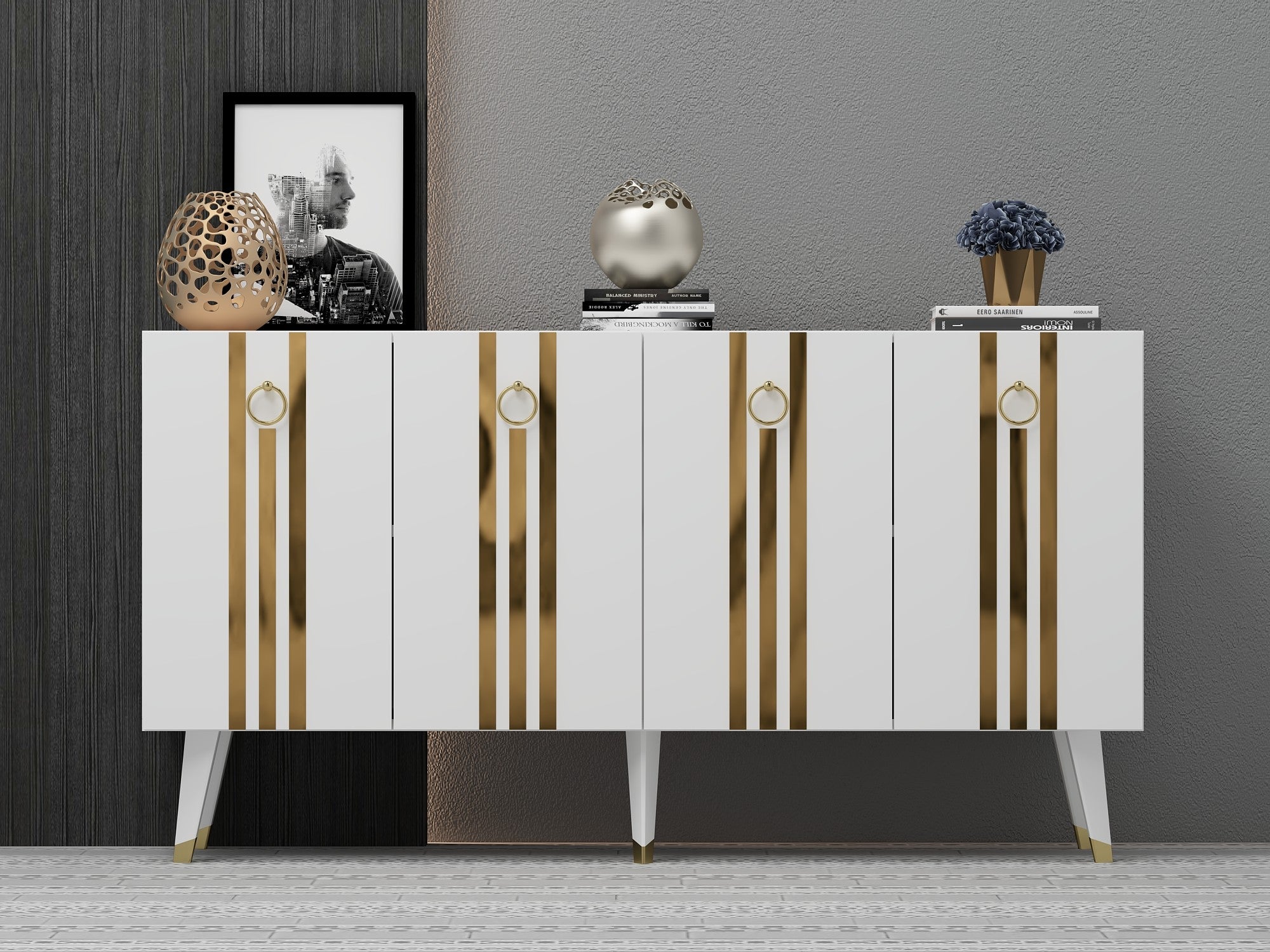 Aparador – 150 cm x 80 cm x 40 cm – Branco e Dourado – Painel de partículas revestido a melamina