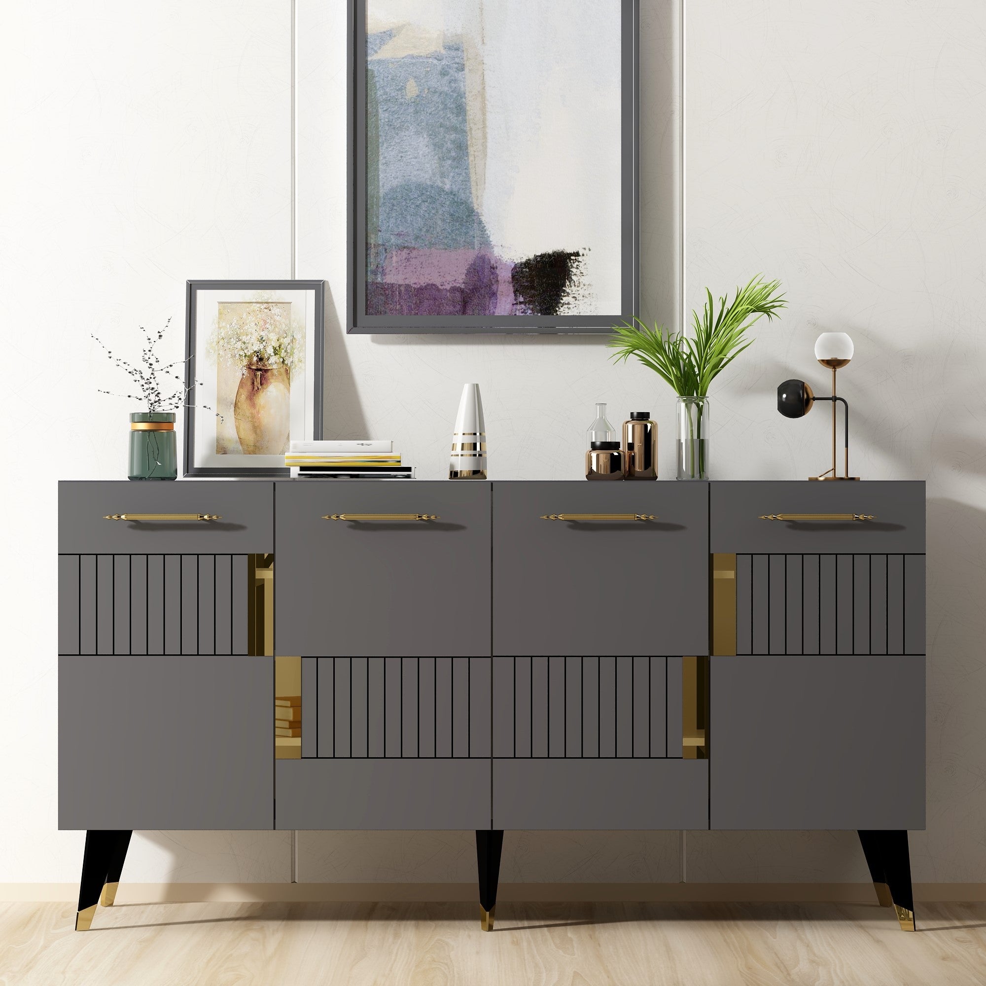 Aparador – 150cm de largura, 79cm de altura, 40cm de profundidade – Antracite e Ouro – Aglomerado