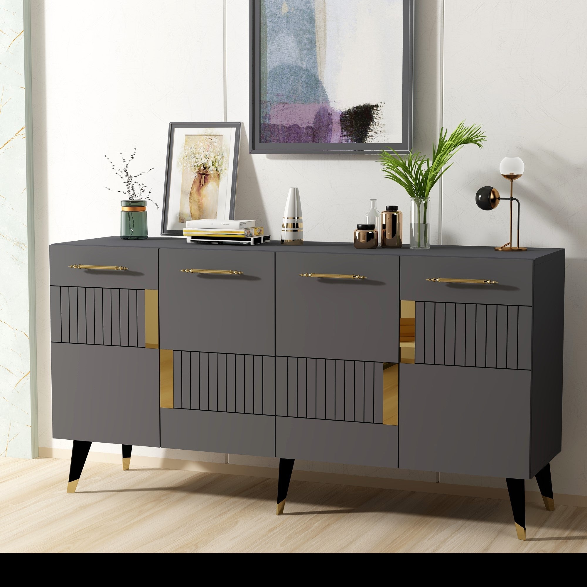Aparador – 150cm de largura, 79cm de altura, 40cm de profundidade – Antracite e Ouro – Aglomerado