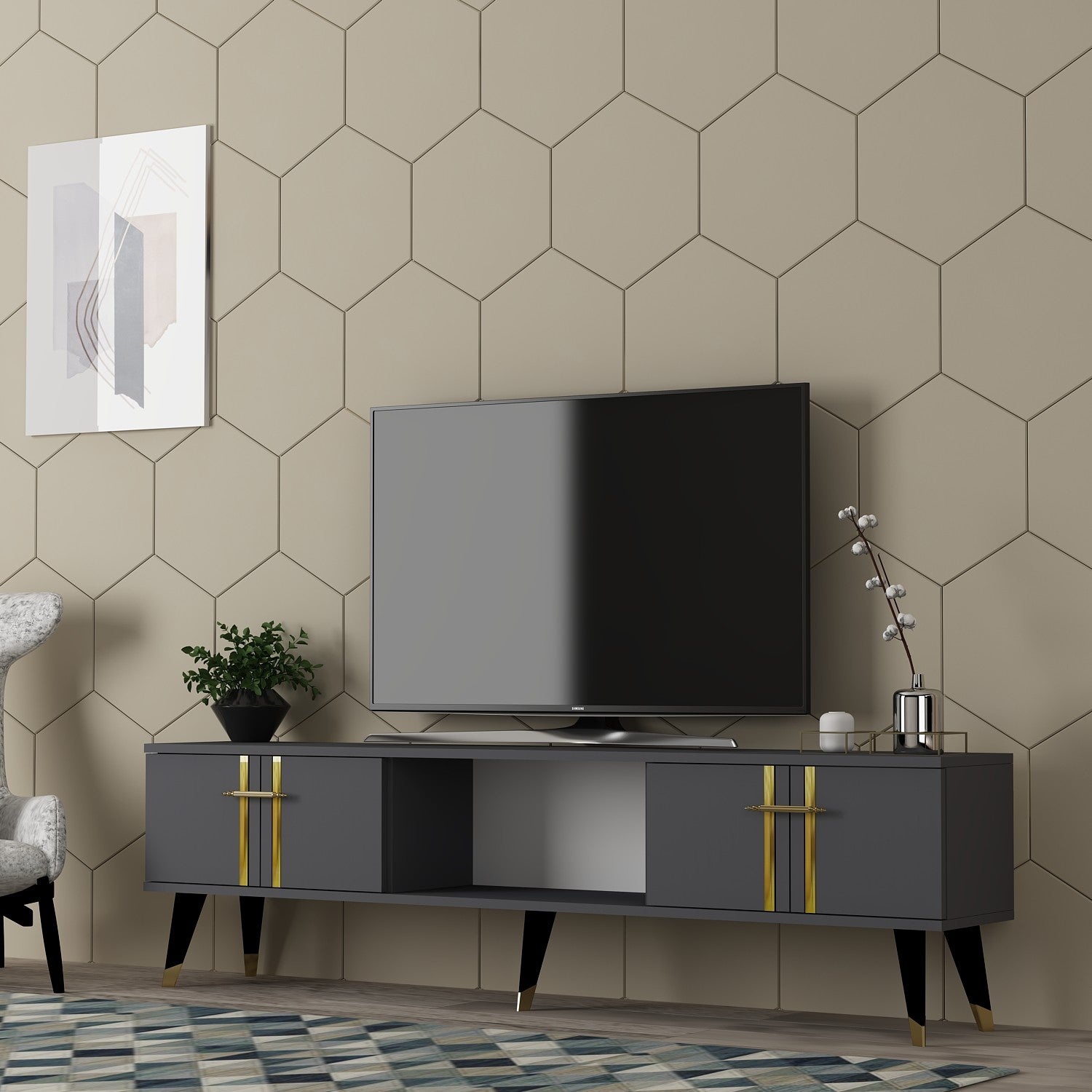 Móvel de TV – 150cm x 44,6cm x 29,6cm – Antracite e Ouro – MDF